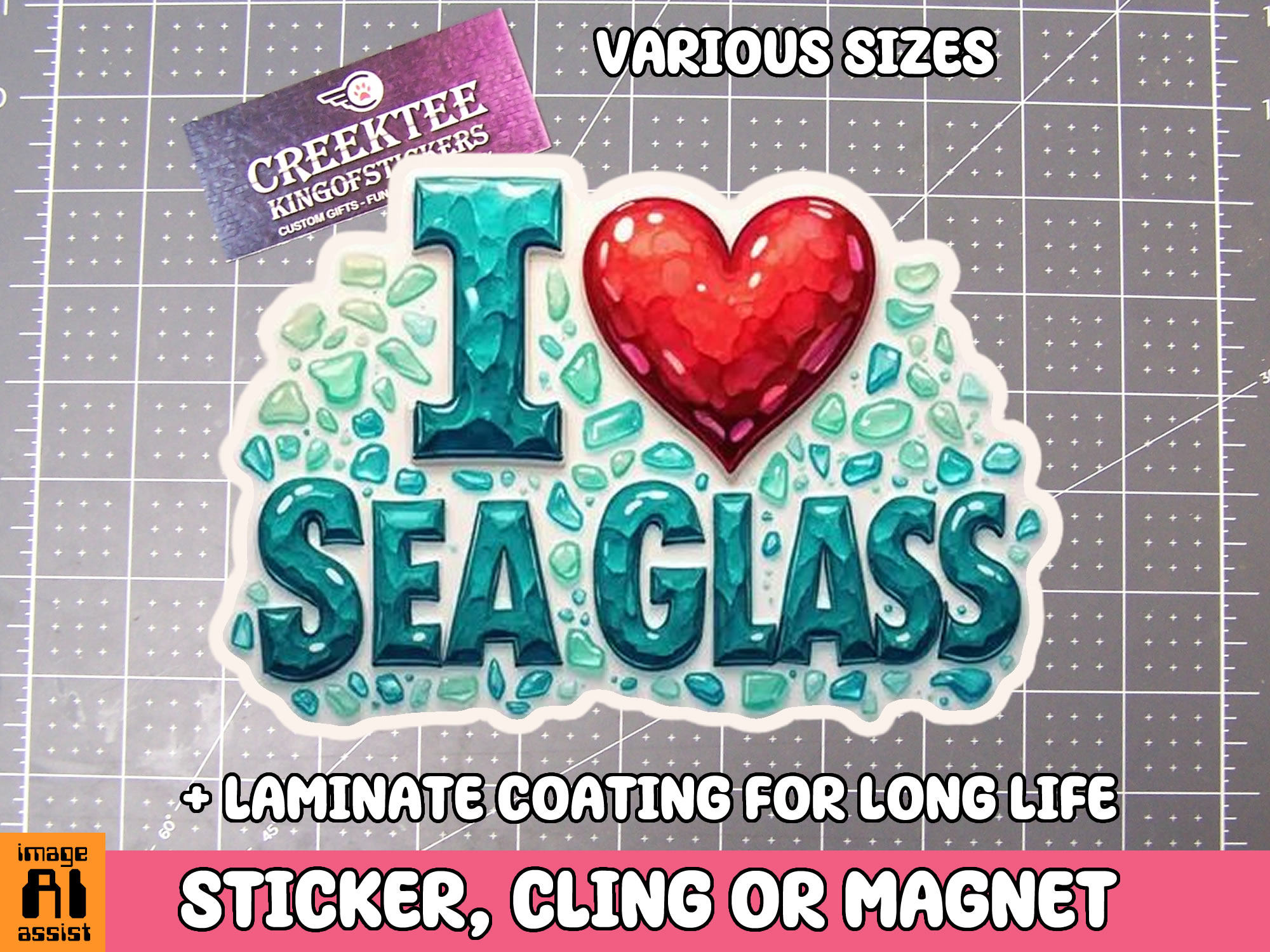 I Love Sea Glass Die Cut Vinyl Sticker  Window Cling or Magnet with Laminate Coating in Various Sizes - Custom Bumper Sticker, Vinyl Sticker, or Magnet