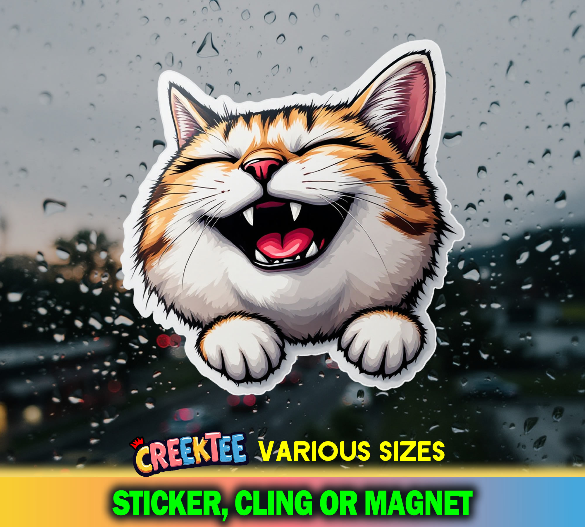 Happy Cat Die Cut Vinyl Sticker  Window Cling or Magnet with Laminate Coating in Various Sizes - Custom Bumper Sticker, Vinyl Sticker, or Magnet