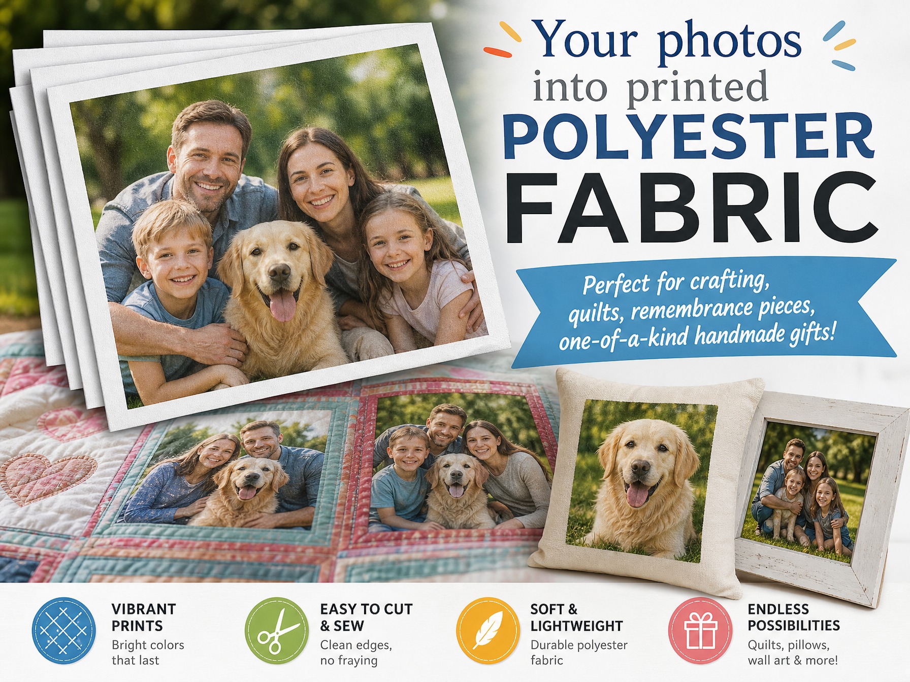 Your photos into printed polyester fabric—perfect for crafting quilts, remembrance pieces, one-of-a-kind handmade gifts