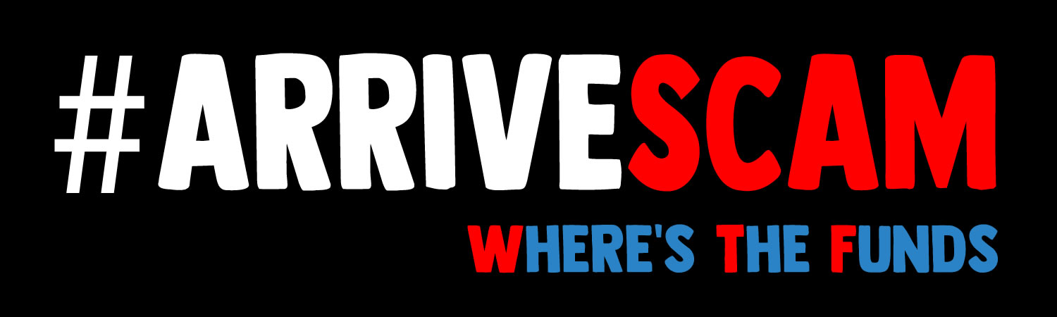 Arrive Scam Wheres The Funds Vinyl Bumper Sticker, Window Cling or Bumper Sticker Magnet in UV Laminate Coating - Custom Bumper Sticker, Vinyl Sticker, or Magnet