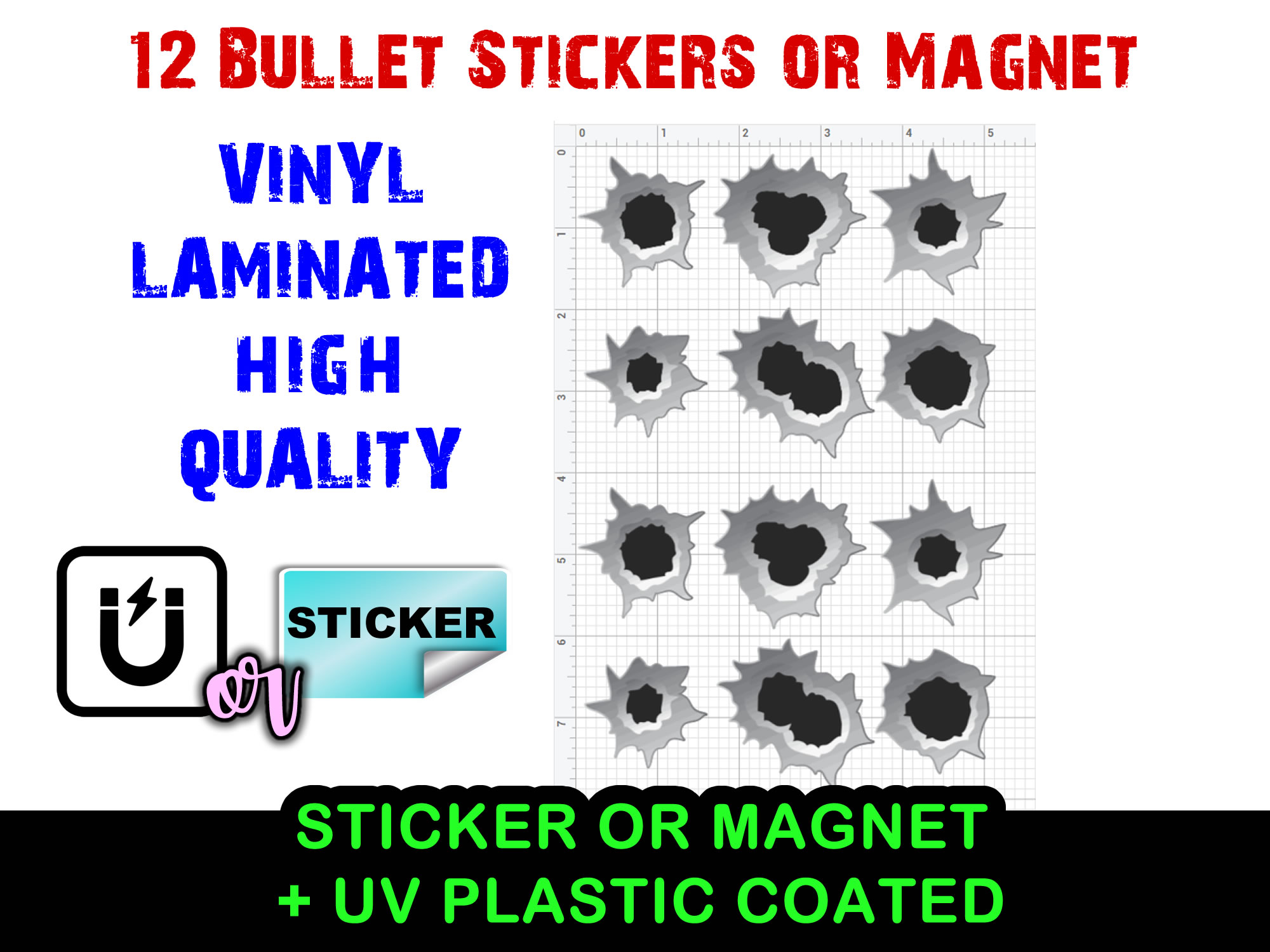 Bullet Holes Vinyl Bumper Sticker  Window Cling or Bumper Sticker Magnet in UV Laminate Coating - Custom Bumper Sticker, Vinyl Sticker, or Magnet