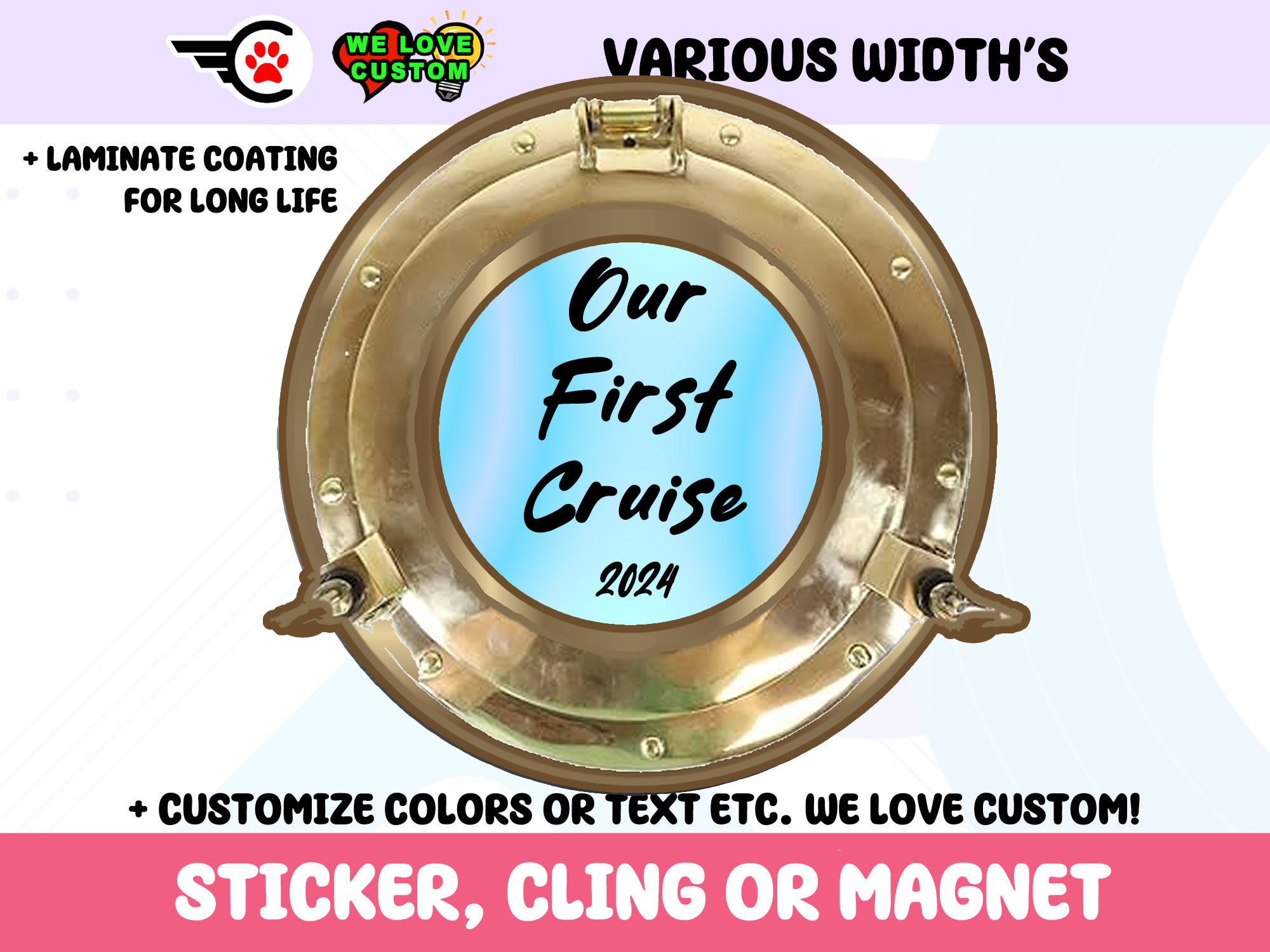 Our First Cruise Vinyl Bumper Sticker  Window Cling or Bumper Sticker Magnet in UV Laminate Coating - Custom Bumper Sticker, Vinyl Sticker, or Magnet