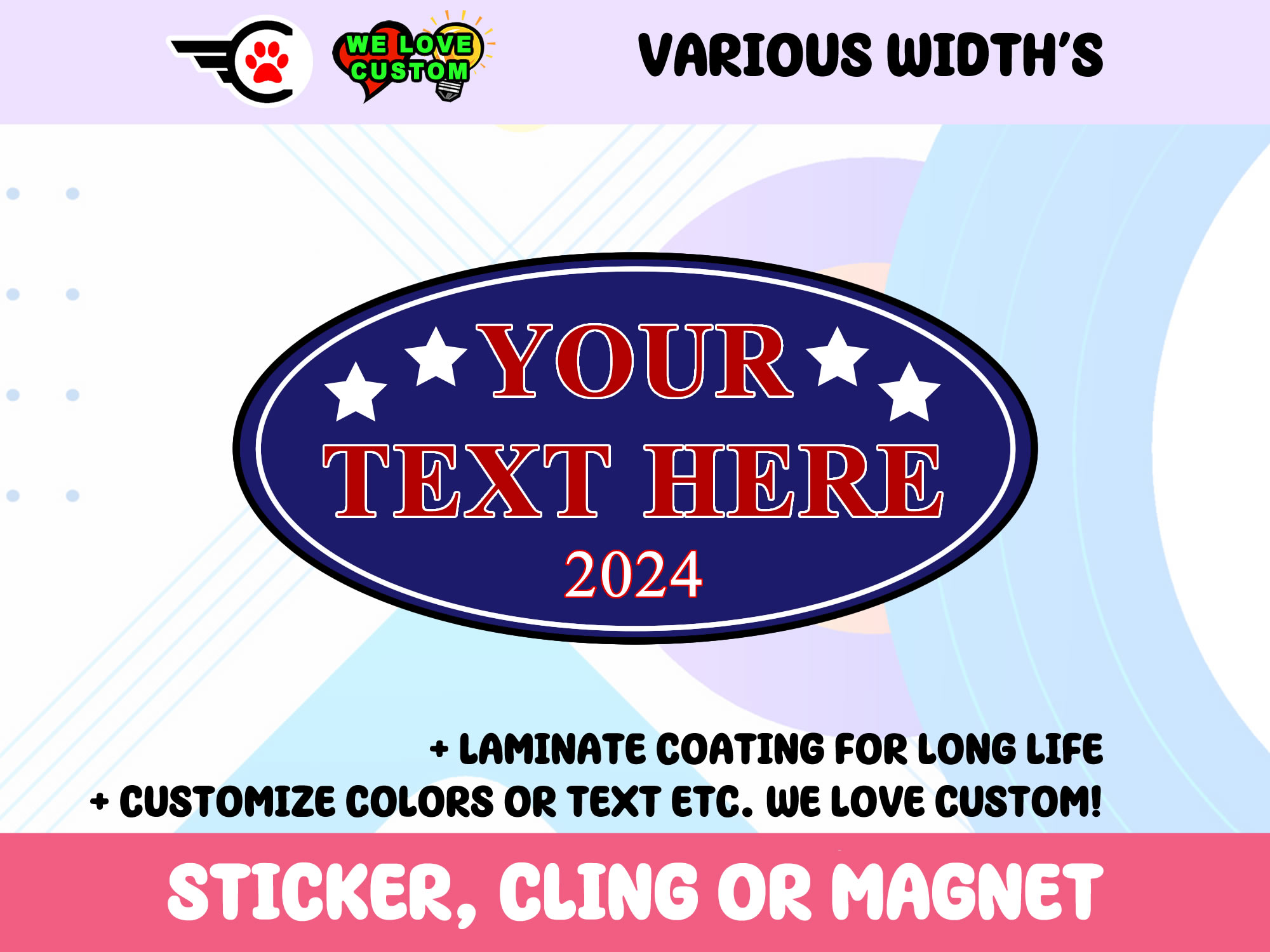 Custom Text Oval Vinyl Bumper Sticker  Window Cling or Bumper Sticker Magnet in UV Laminate Coating - Custom Bumper Sticker, Vinyl Sticker, or Magnet
