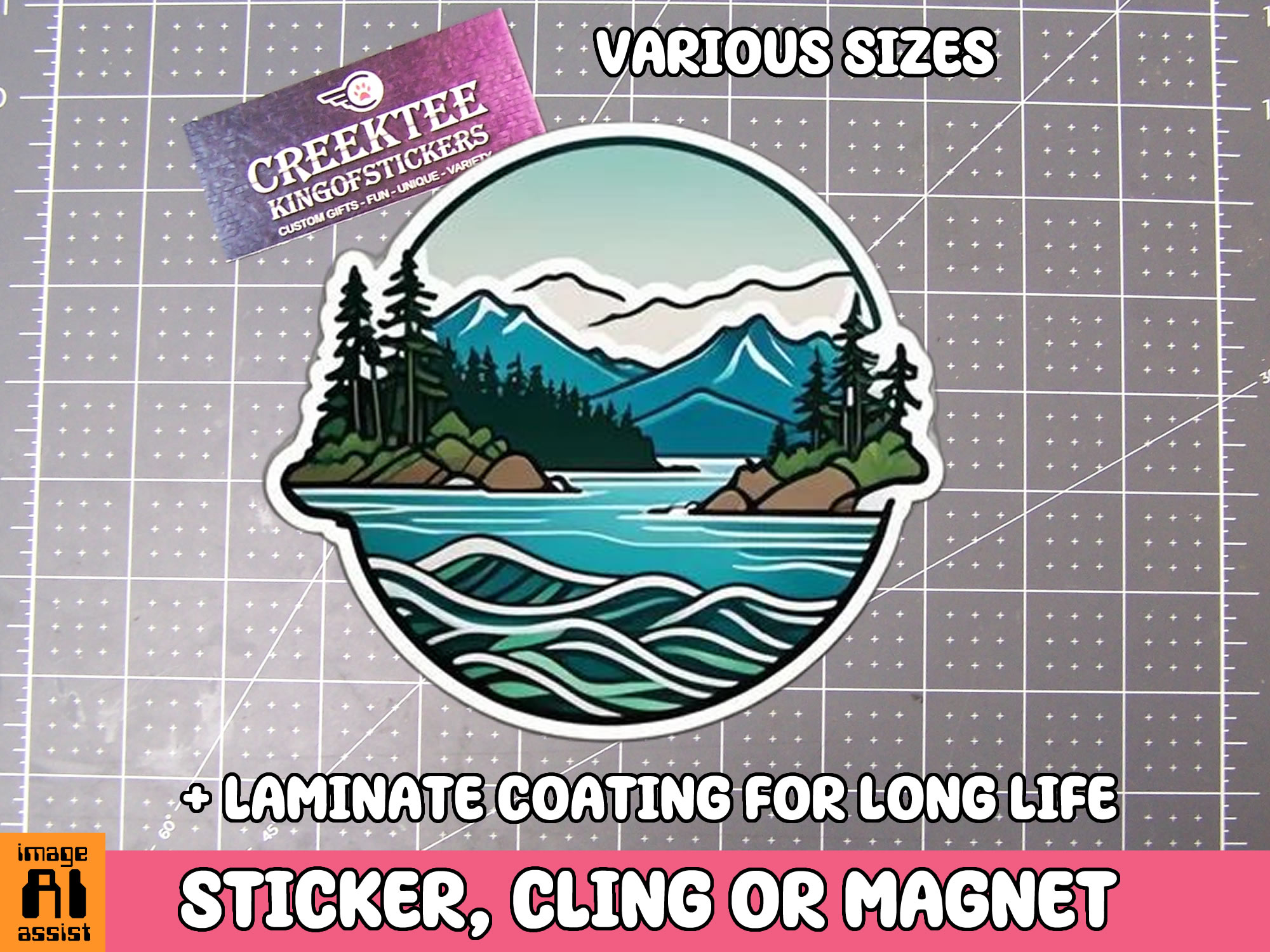 Scenic Mountain  Lake and Trees Die Cut Vinyl Sticker  Window Cling or Magnet with Laminate Coating in Various Sizes - Custom Bumper Sticker, Vinyl Sticker, or Magnet