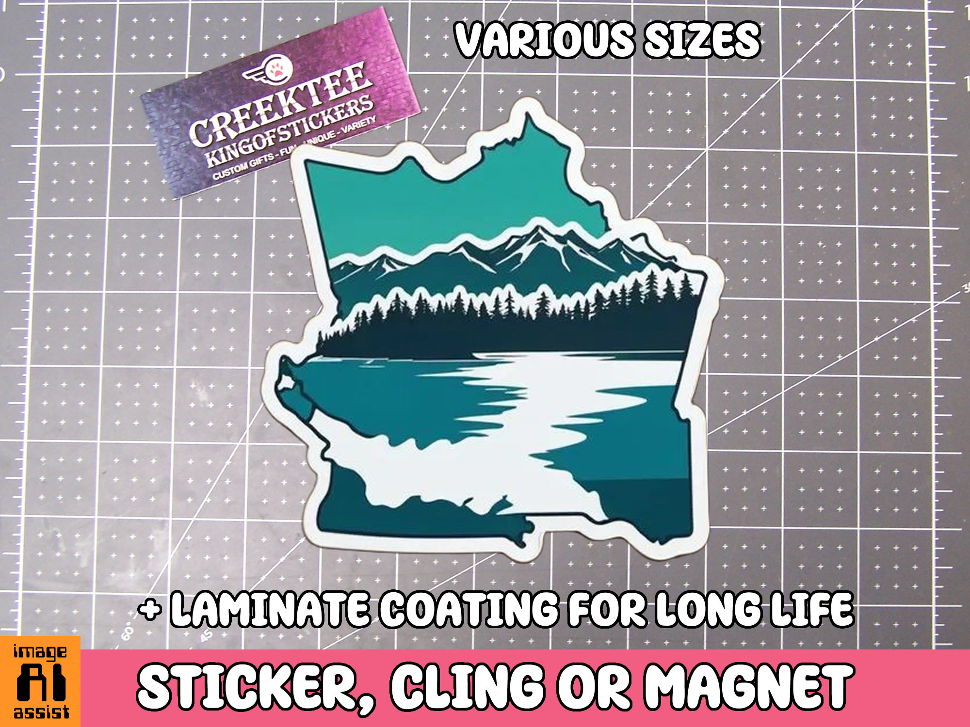 Scenic Mountain  Lake and Trees Die Cut Vinyl Sticker  Window Cling or Magnet with Laminate Coating in Various Sizes - Custom Bumper Sticker, Vinyl Sticker, or Magnet