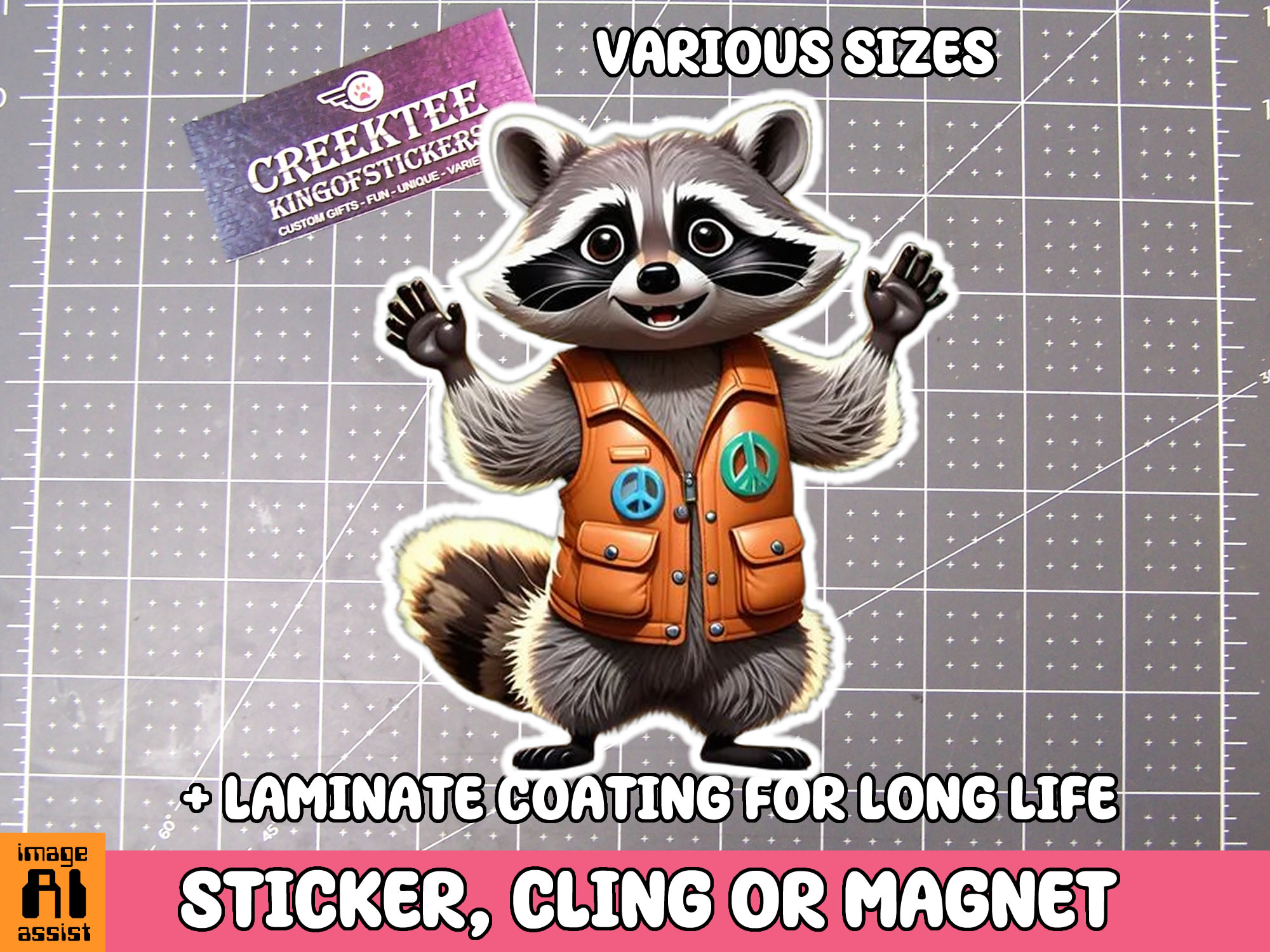 Raccoon in Vest Die Cut Vinyl Sticker  Window Cling or Magnet with Laminate Coating in Various Sizes - Custom Bumper Sticker, Vinyl Sticker, or Magnet