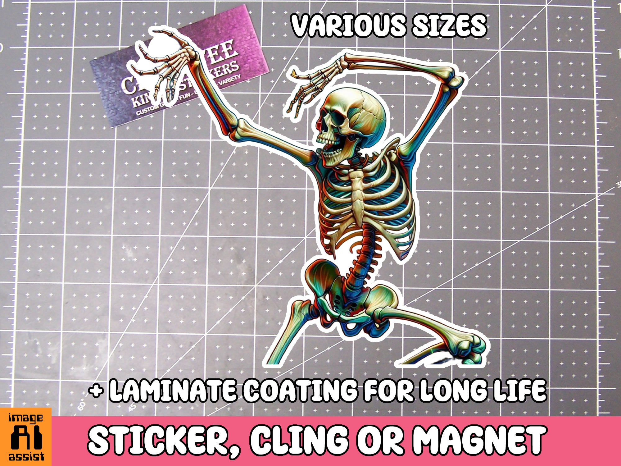 Skeleton Dancing Die Cut Vinyl Sticker  Window Cling or Magnet with Laminate Coating in Various Sizes - Custom Bumper Sticker, Vinyl Sticker, or Magnet