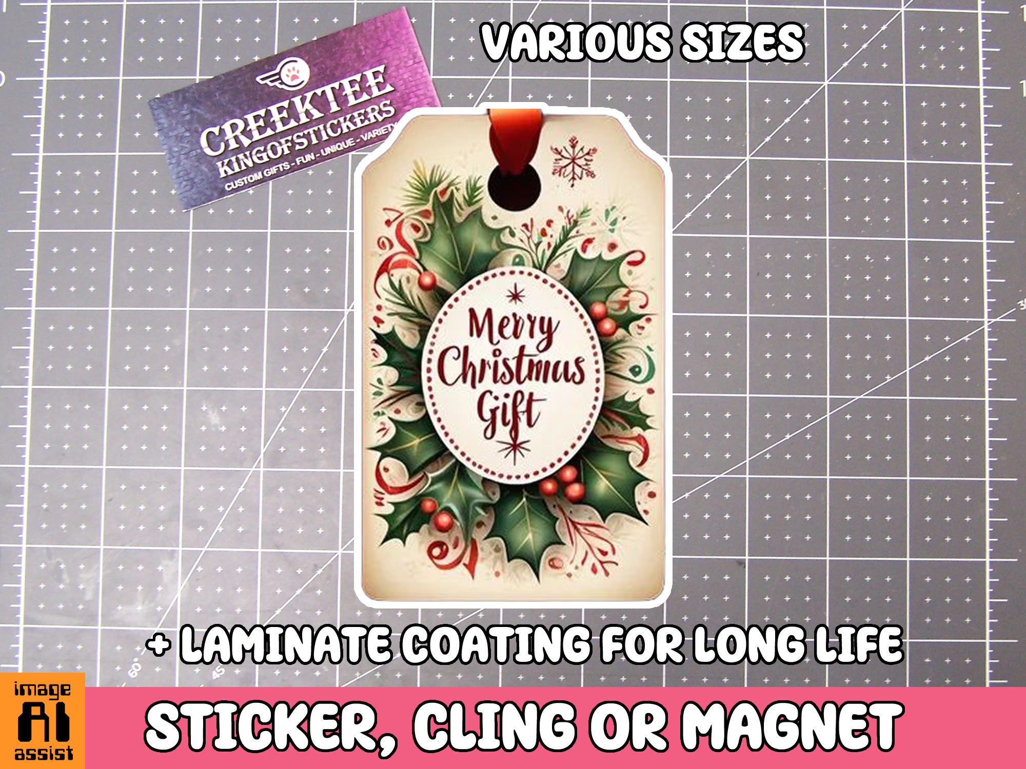 Merry Christmas Die Cut Vinyl Sticker  Window Cling or Magnet with Laminate Coating in Various Sizes - Custom Bumper Sticker, Vinyl Sticker, or Magnet