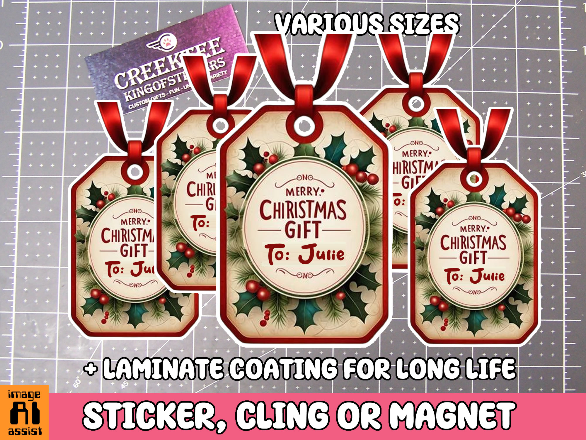 Merry Christmas Gift Tag Die Cut Vinyl Sticker  Window Cling or Magnet with Laminate Coating in Various Sizes - Custom Bumper Sticker, Vinyl Sticker, or Magnet