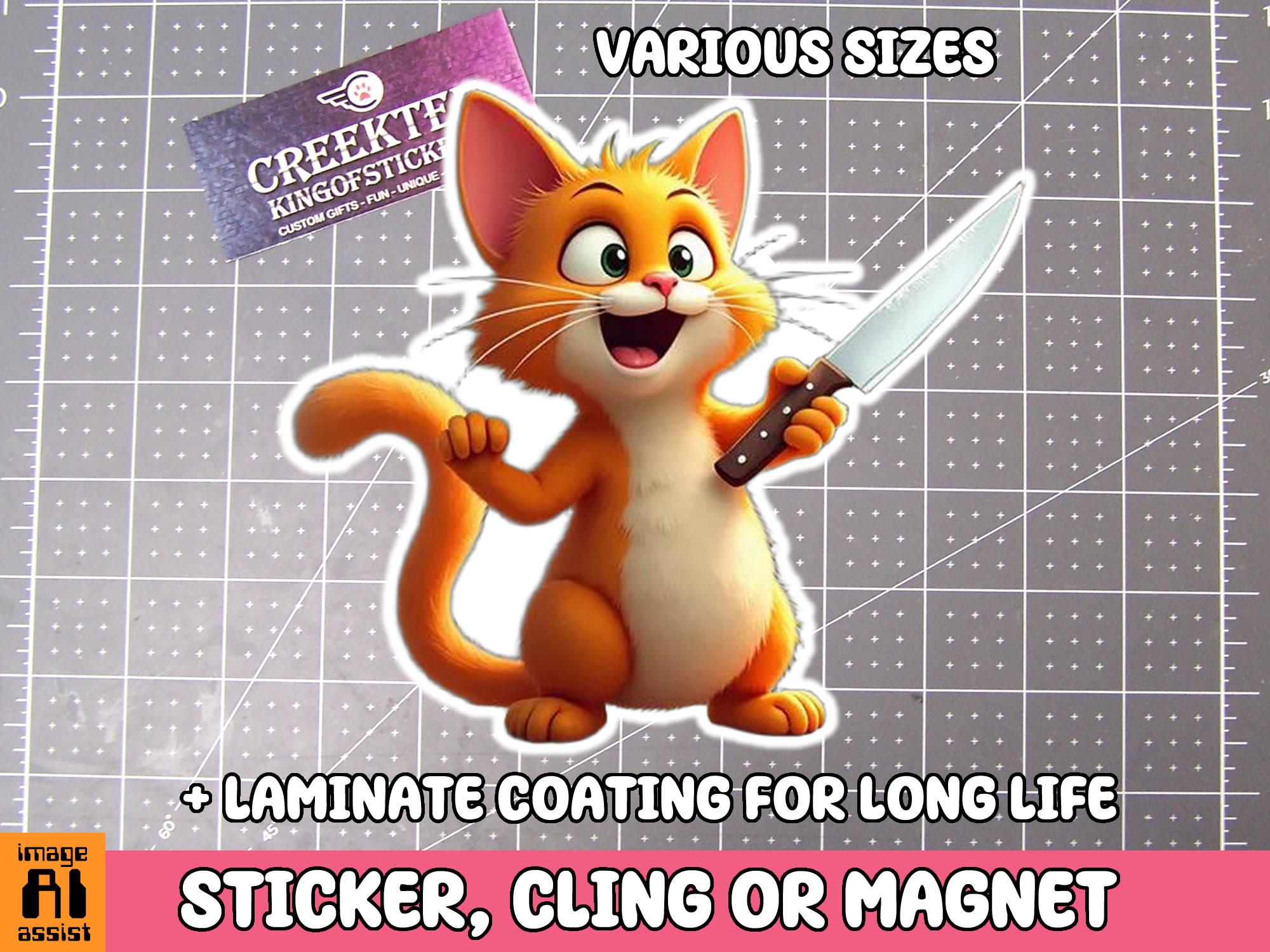 Cat with Knife Die Cut Vinyl Sticker  Window Cling or Magnet with Laminate Coating in Various Sizes - Custom Bumper Sticker, Vinyl Sticker, or Magnet
