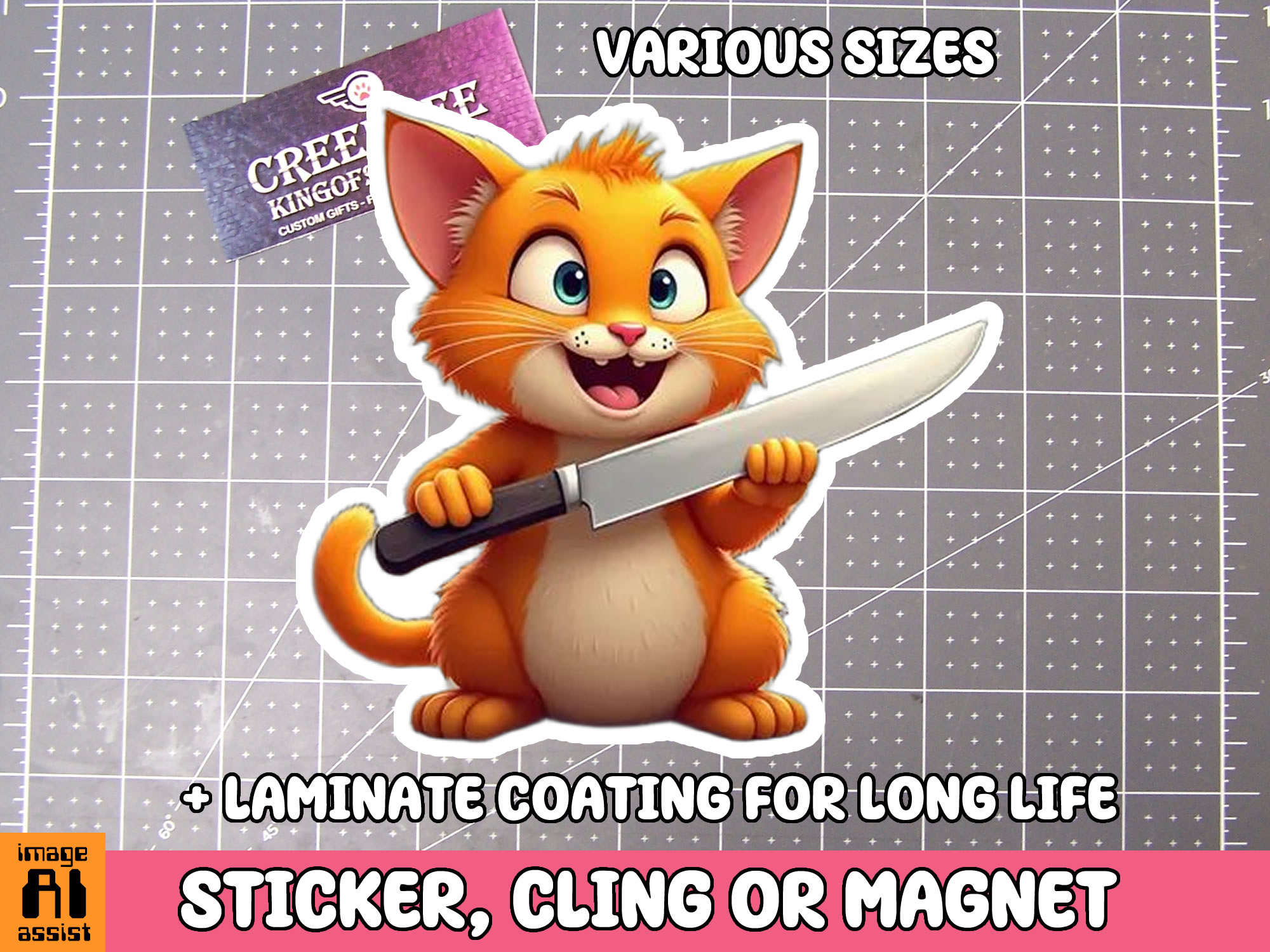 Cat with Knife Die Cut Vinyl Sticker  Window Cling or Magnet with Laminate Coating in Various Sizes - Custom Bumper Sticker, Vinyl Sticker, or Magnet