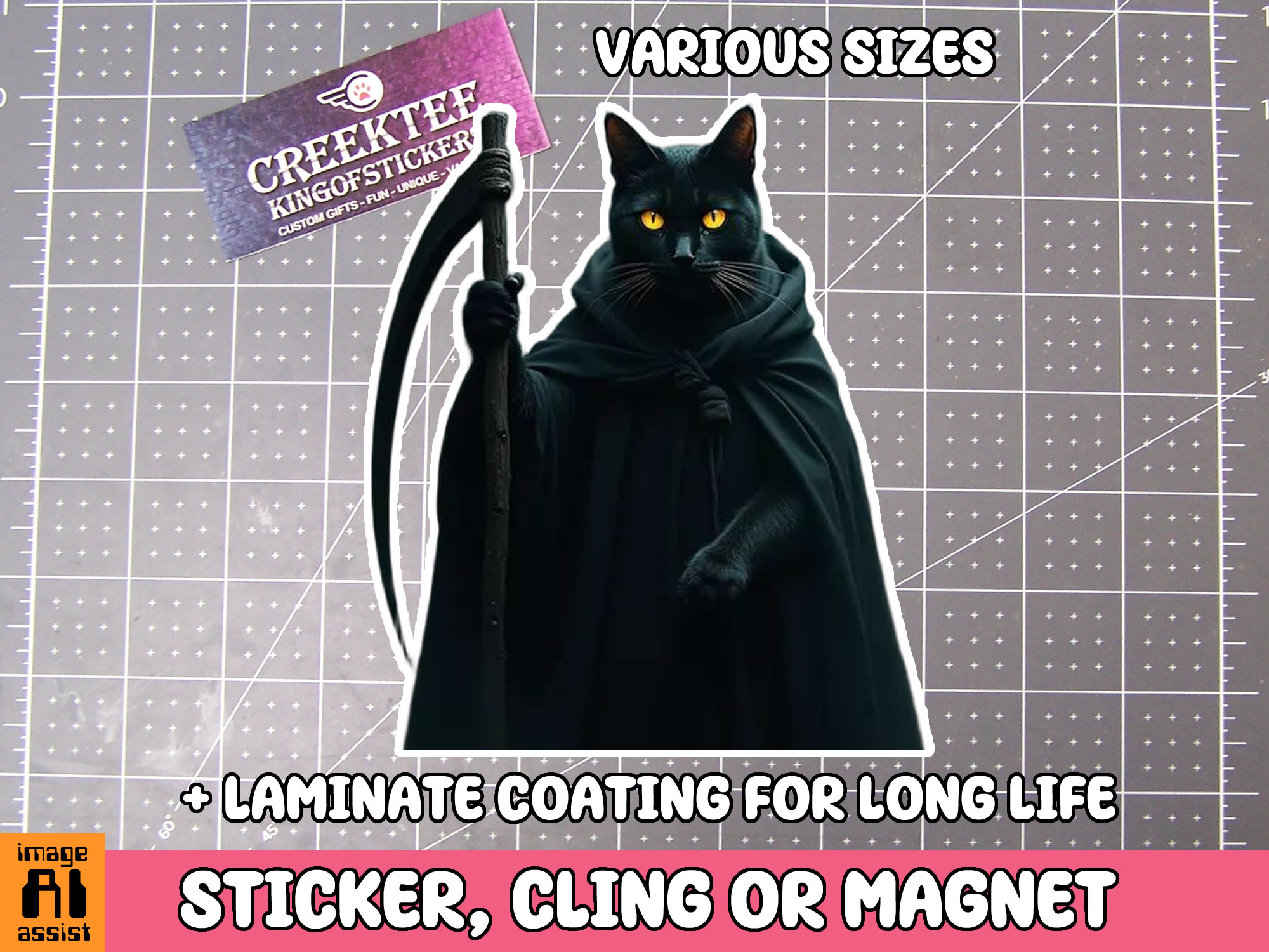 Reaper Cat Die Cut Vinyl Sticker  Window Cling or Magnet with Laminate Coating in Various Sizes - Custom Bumper Sticker, Vinyl Sticker, or Magnet