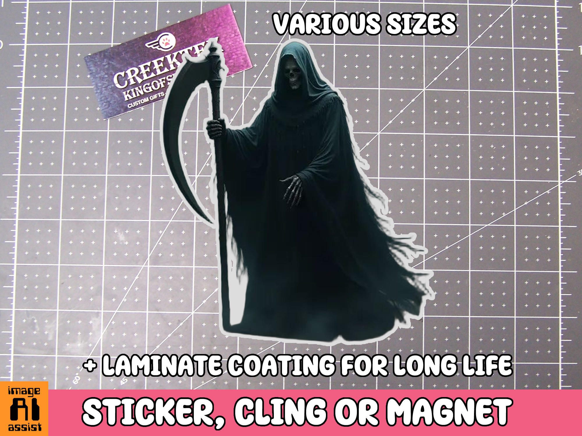 Grim Reaper Die Cut Vinyl Sticker  Window Cling or Magnet with Laminate Coating in Various Sizes - Custom Bumper Sticker, Vinyl Sticker, or Magnet