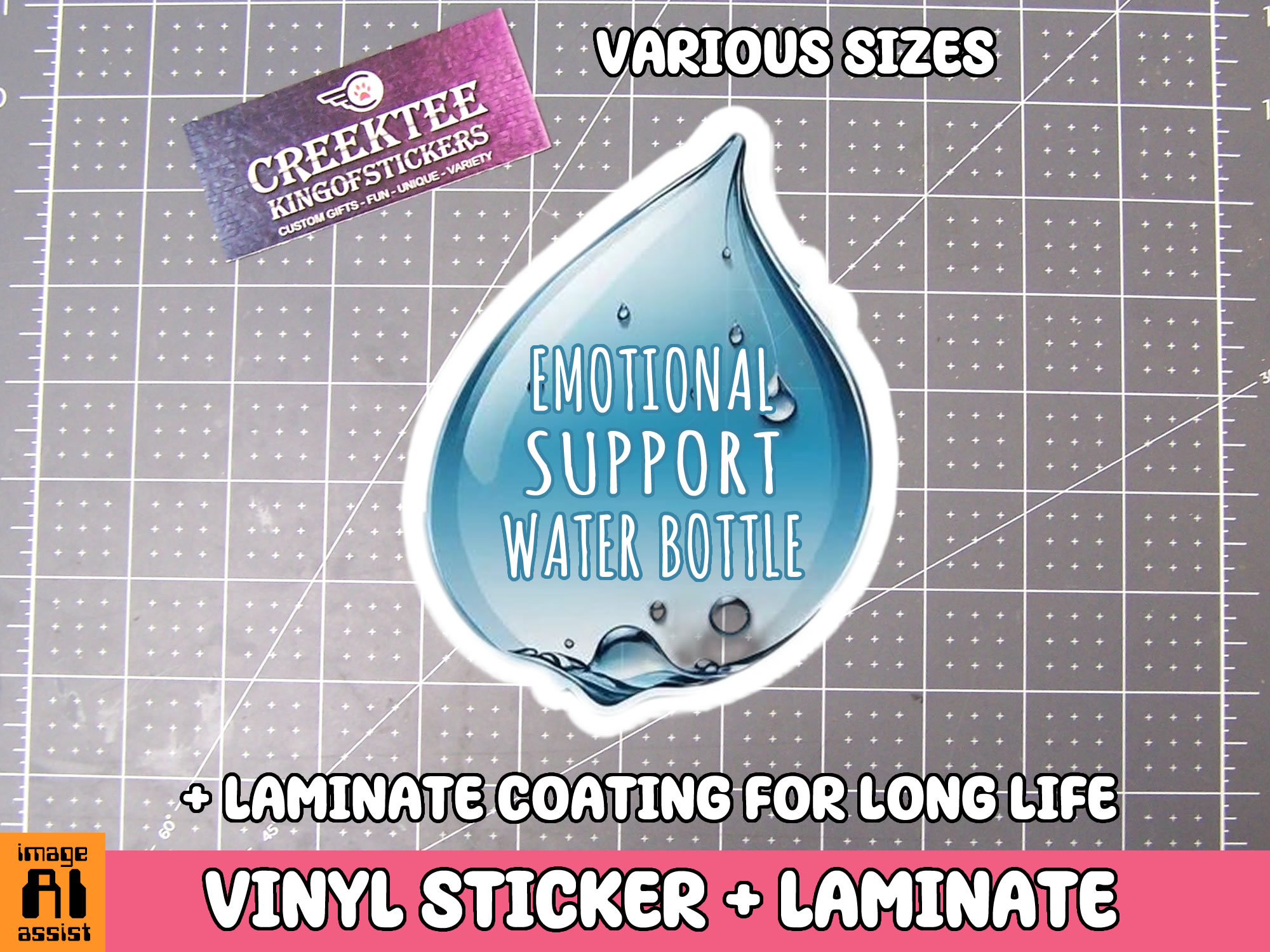 Emotional Support Water Bottle Die Cut Vinyl Sticker  Window Cling or Magnet with Laminate Coating in Various Sizes - Custom Bumper Sticker, Vinyl Sticker, or Magnet