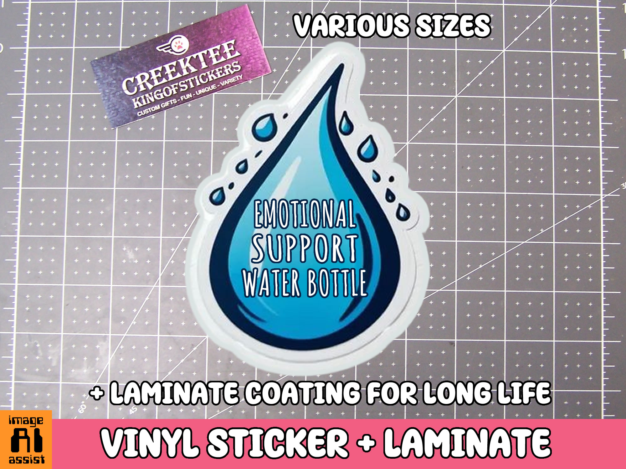 Emotional Support Water Bottle Die Cut Vinyl Sticker  Window Cling or Magnet with Laminate Coating in Various Sizes - Custom Bumper Sticker, Vinyl Sticker, or Magnet