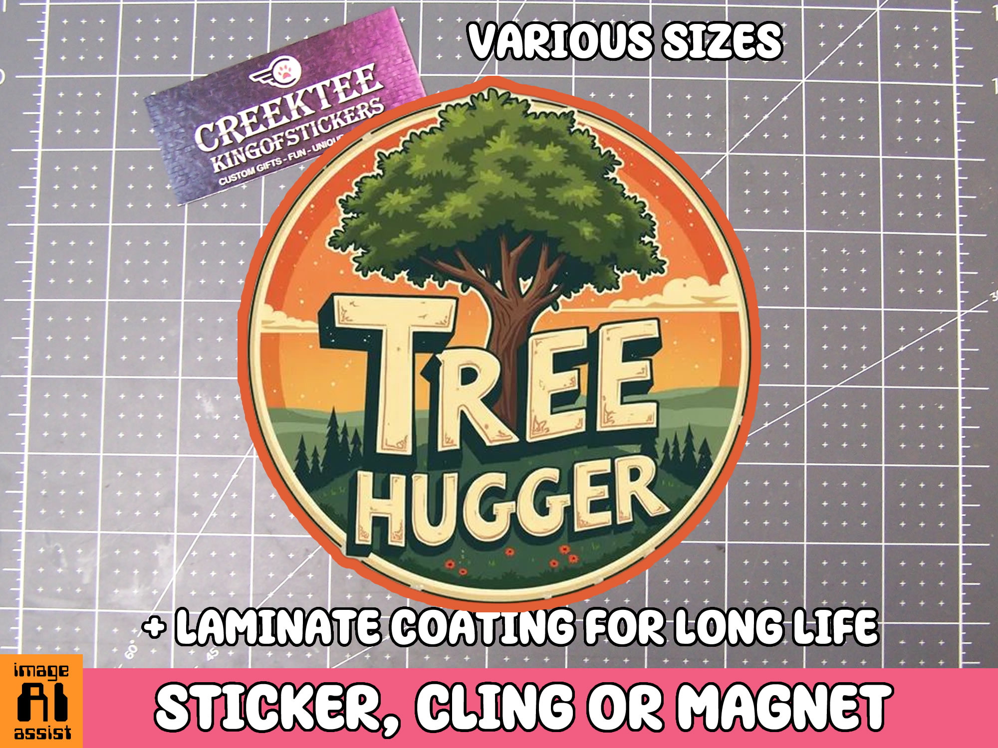 Tree Hugger Die Cut Vinyl Sticker  Window Cling or Magnet with Laminate Coating in Various Sizes - Custom Bumper Sticker, Vinyl Sticker, or Magnet