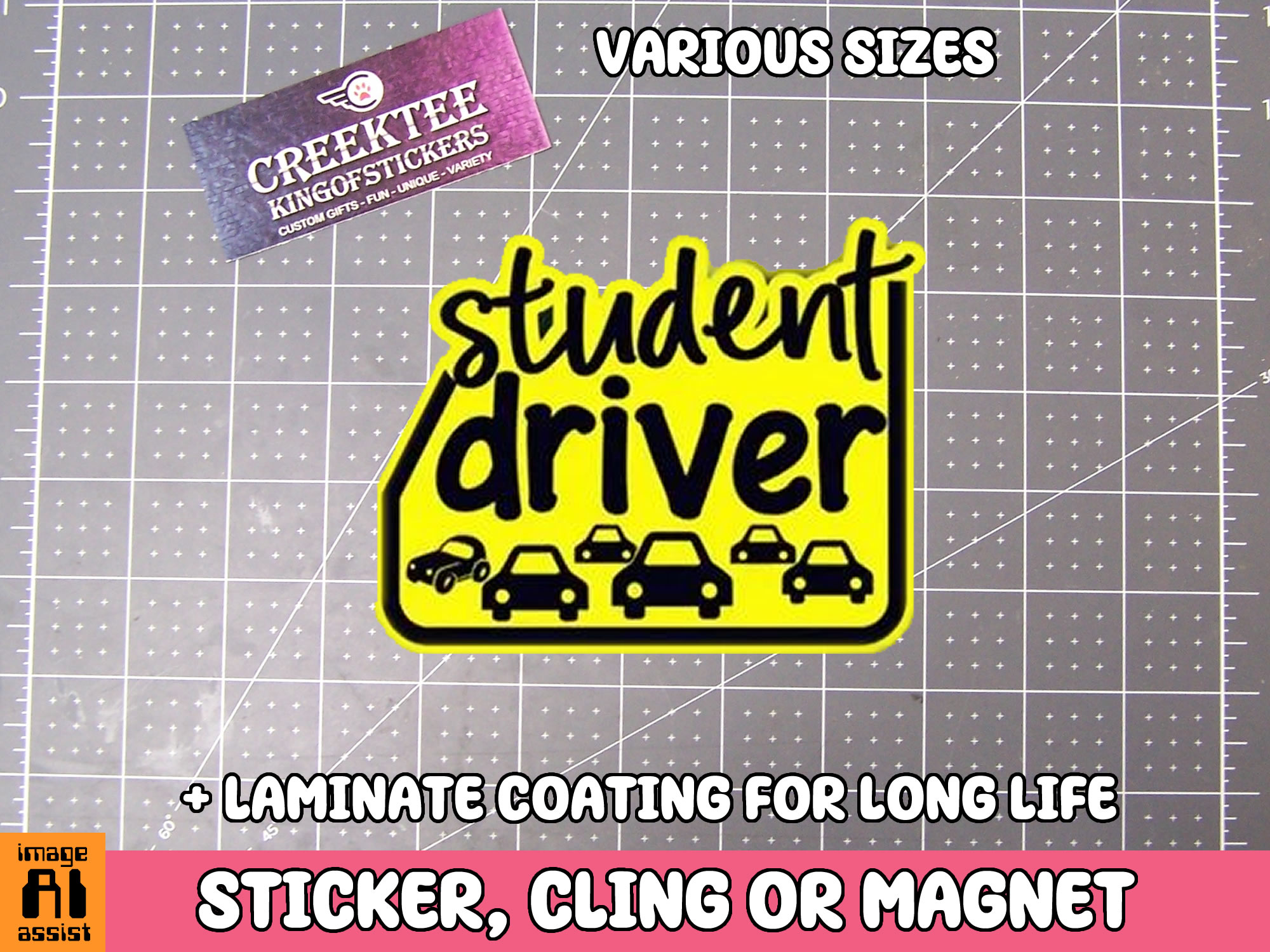 Student Driver Die Cut Vinyl Sticker  Window Cling or Magnet with Laminate Coating in Various Sizes - Custom Bumper Sticker, Vinyl Sticker, or Magnet