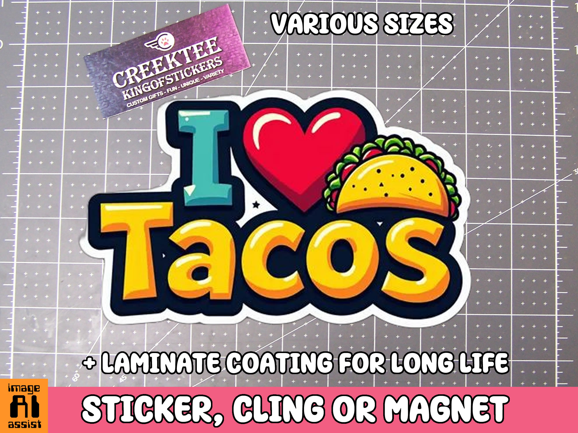 I love Tacos Die Cut Vinyl Sticker  Window Cling or Magnet with Laminate Coating in Various Sizes - Custom Bumper Sticker, Vinyl Sticker, or Magnet