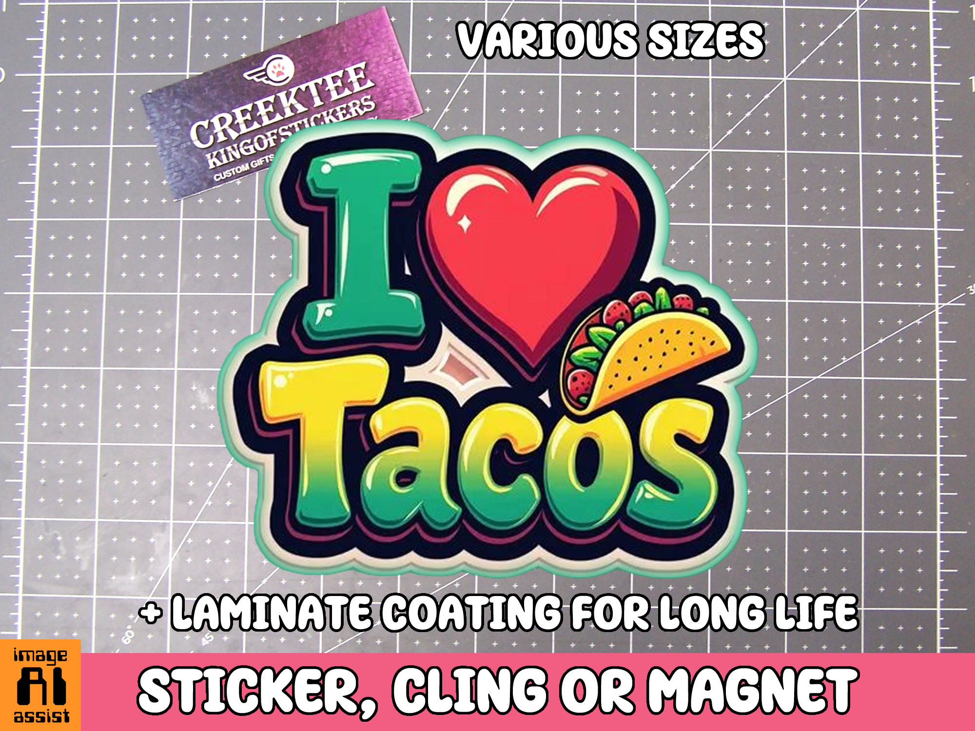 I love Tacos Die Cut Vinyl Sticker  Window Cling or Magnet with Laminate Coating in Various Sizes - Custom Bumper Sticker, Vinyl Sticker, or Magnet