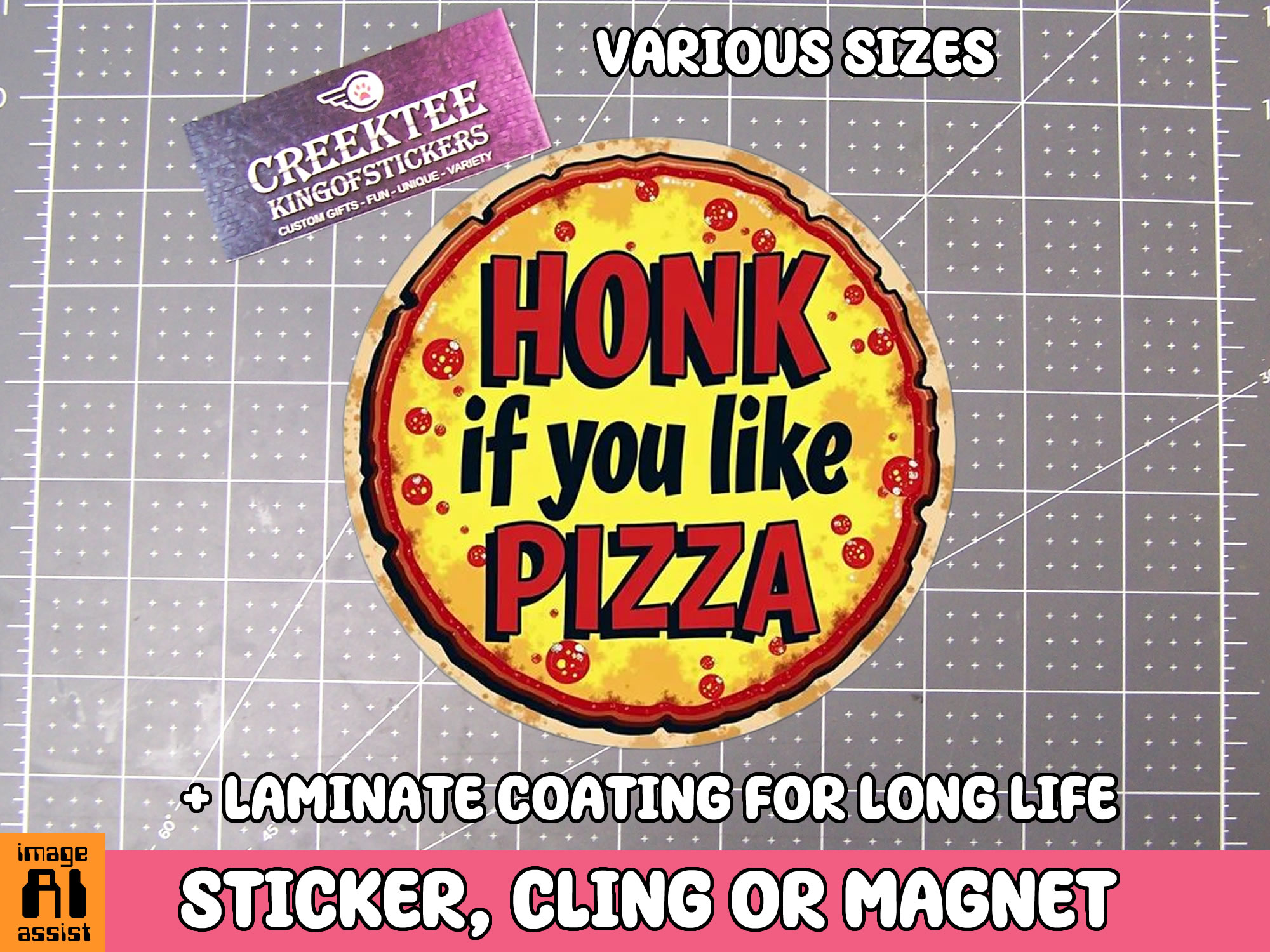 Honk if you like Pizza Die Cut Vinyl Sticker  Window Cling or Magnet with Laminate Coating in Various Sizes - Custom Bumper Sticker, Vinyl Sticker, or Magnet