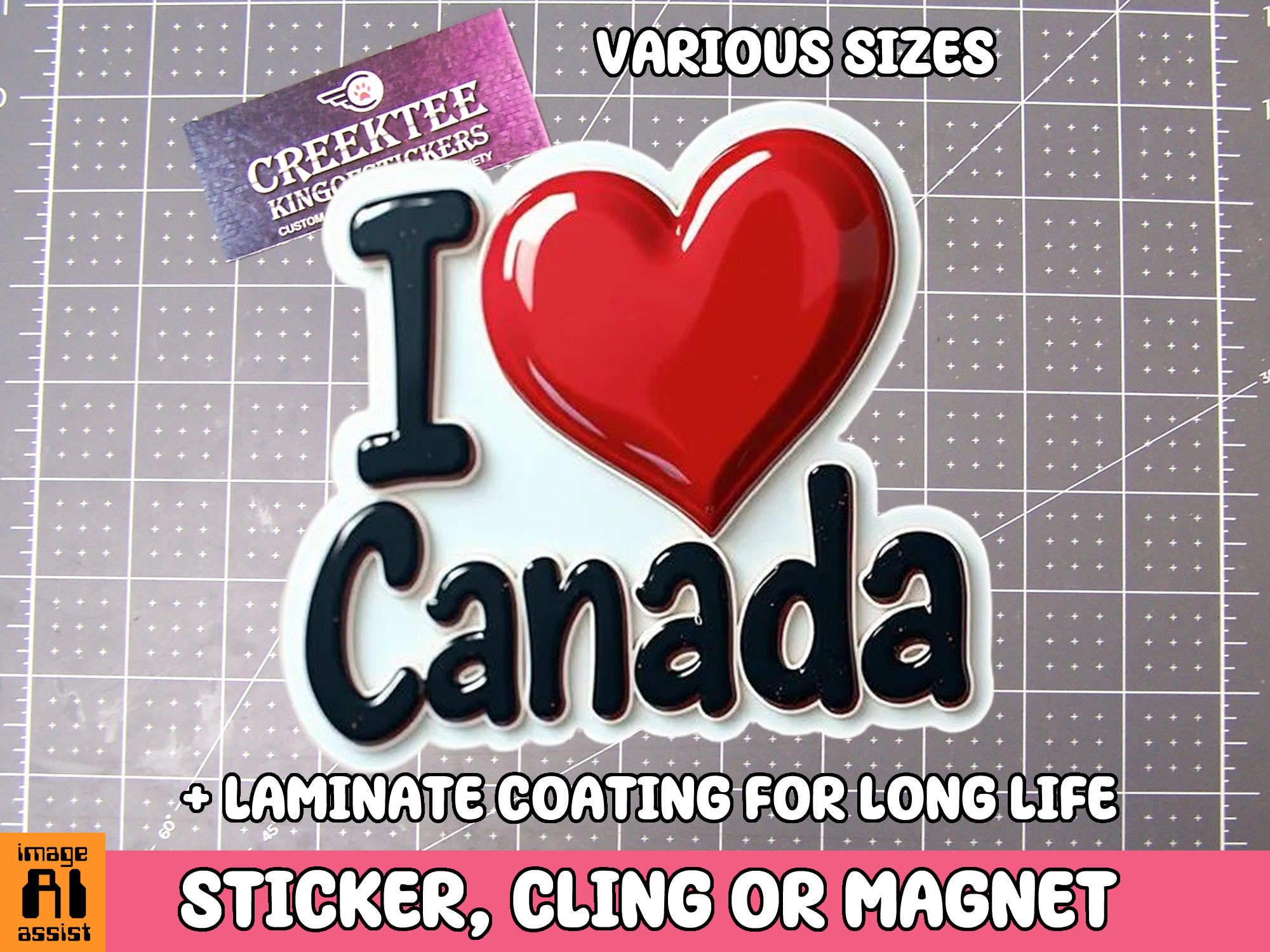 I Love Canada Die Cut Vinyl Sticker  Window Cling or Magnet with Laminate Coating in Various Sizes - Custom Bumper Sticker, Vinyl Sticker, or Magnet