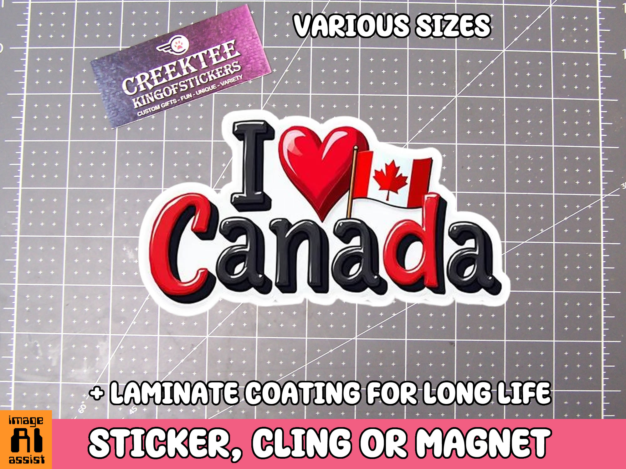 I Love Canada Die Cut Vinyl Sticker  Window Cling or Magnet with Laminate Coating in Various Sizes - Custom Bumper Sticker, Vinyl Sticker, or Magnet
