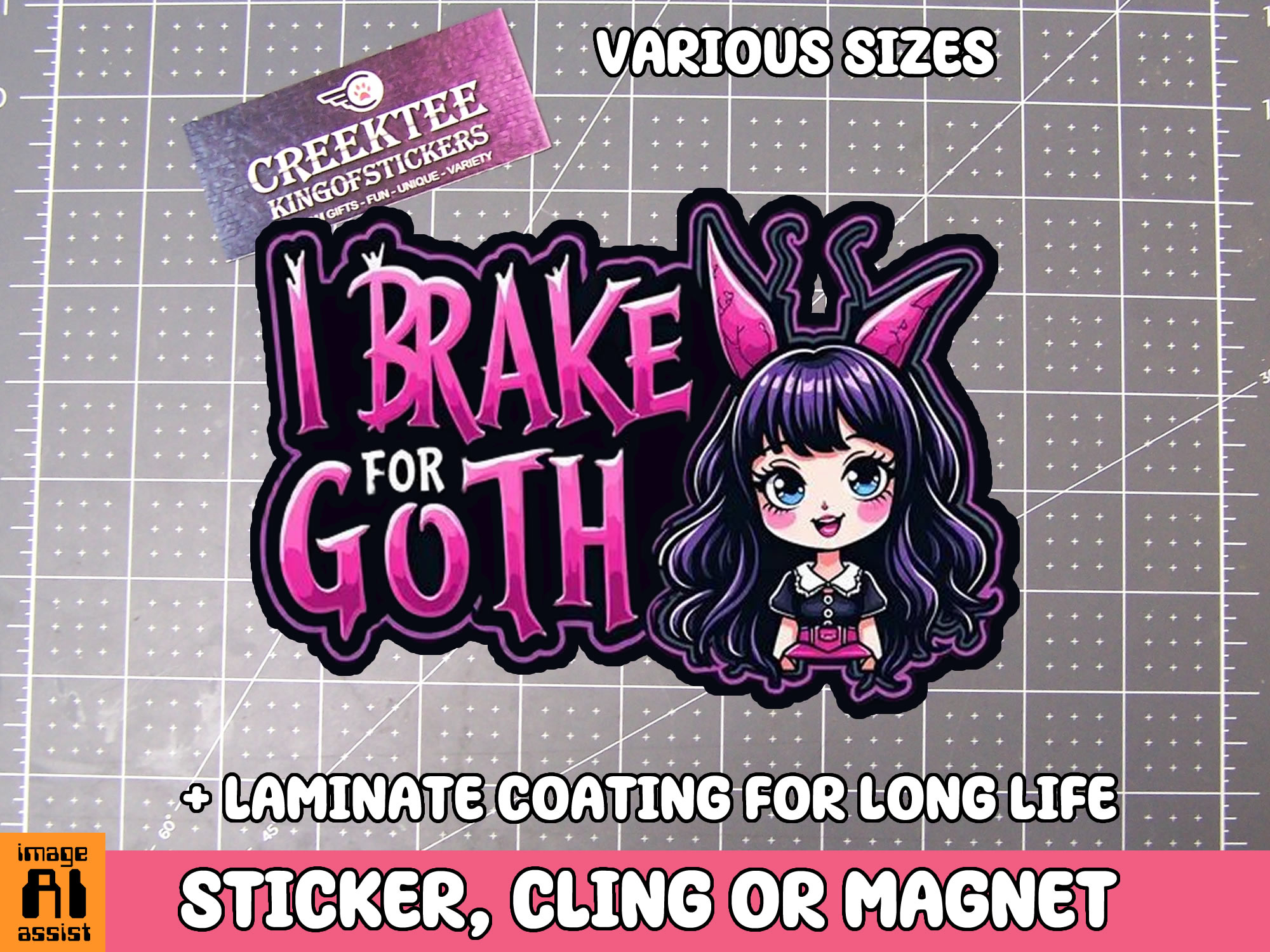 I Brake for Goth Girls Die Cut Vinyl Sticker  Window Cling or Magnet with Laminate Coating in Various Sizes - Custom Bumper Sticker, Vinyl Sticker, or Magnet