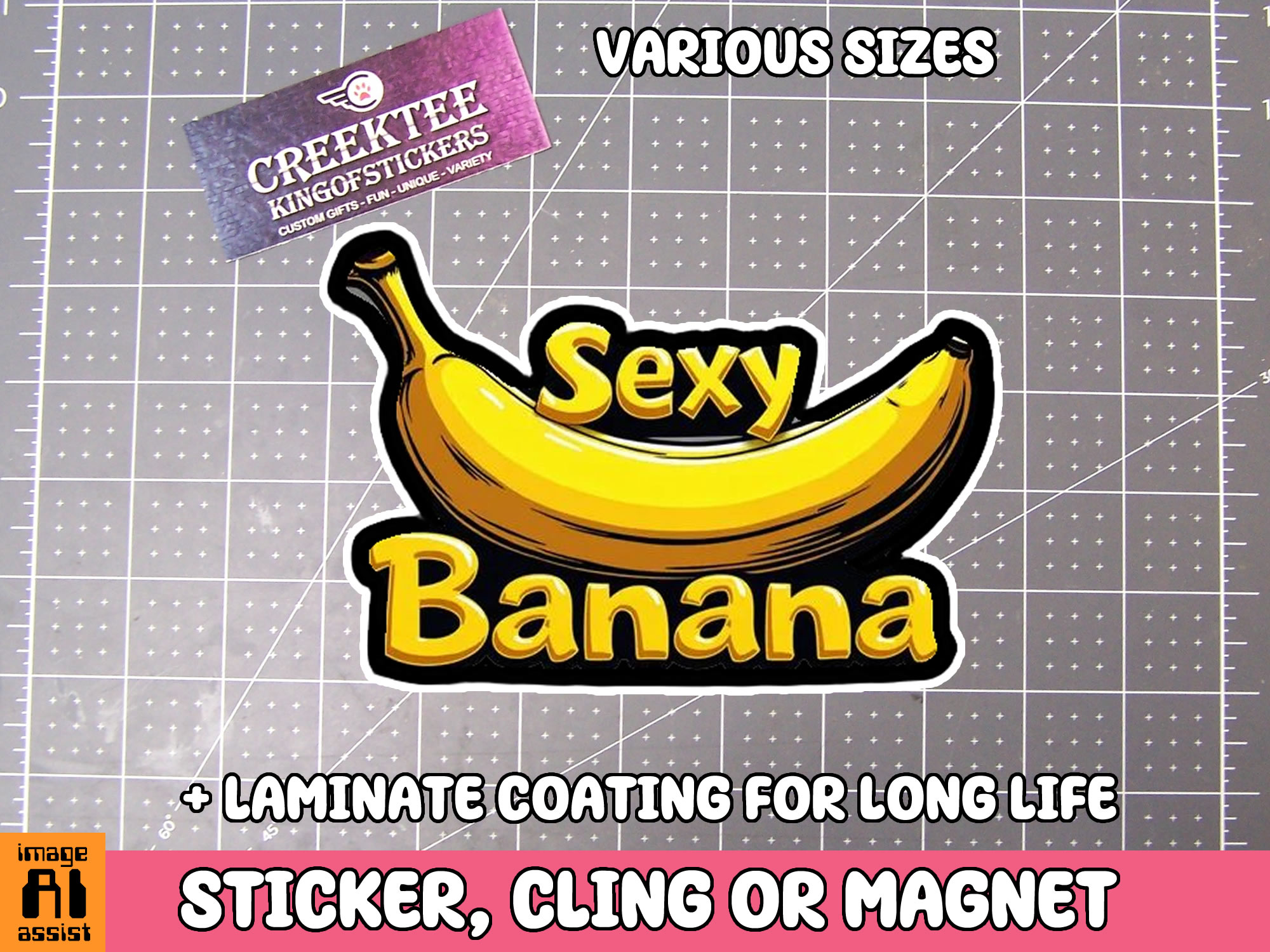 Sexy Banana Die Cut Vinyl Sticker  Window Cling or Magnet with Laminate Coating in Various Sizes - Custom Bumper Sticker, Vinyl Sticker, or Magnet