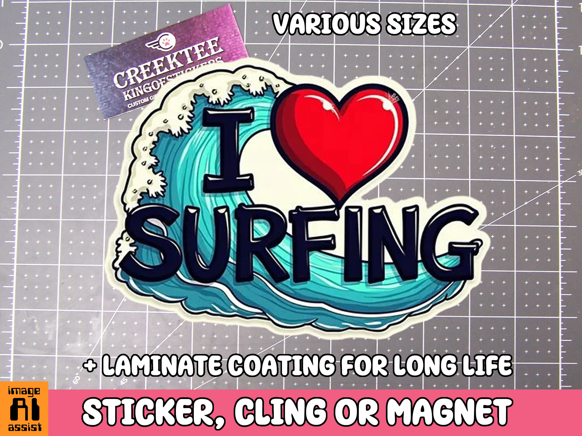 I Love Surfing Die Cut Vinyl Sticker  Window Cling or Magnet with Laminate Coating in Various Sizes - Custom Bumper Sticker, Vinyl Sticker, or Magnet