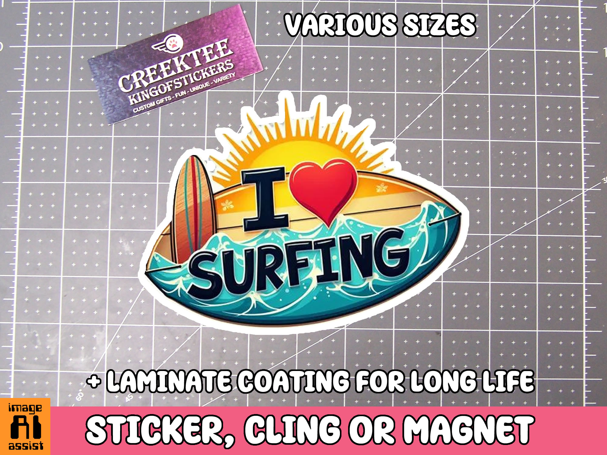 I Love Surfing Die Cut Vinyl Sticker  Window Cling or Magnet with Laminate Coating in Various Sizes - Custom Bumper Sticker, Vinyl Sticker, or Magnet