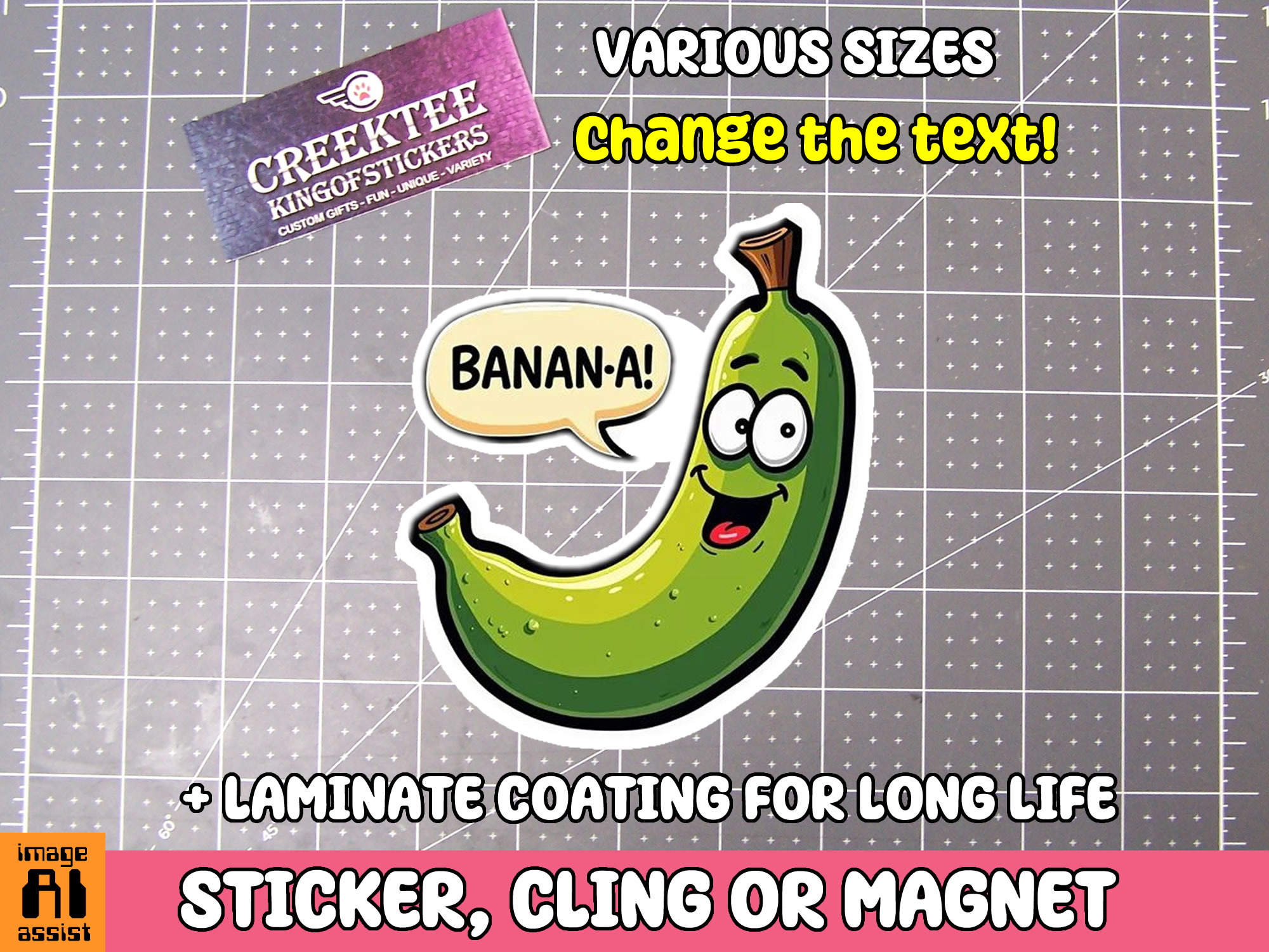 Banana Die Cut Vinyl Sticker  Window Cling or Magnet with Laminate Coating in Various Sizes - Custom Bumper Sticker, Vinyl Sticker, or Magnet