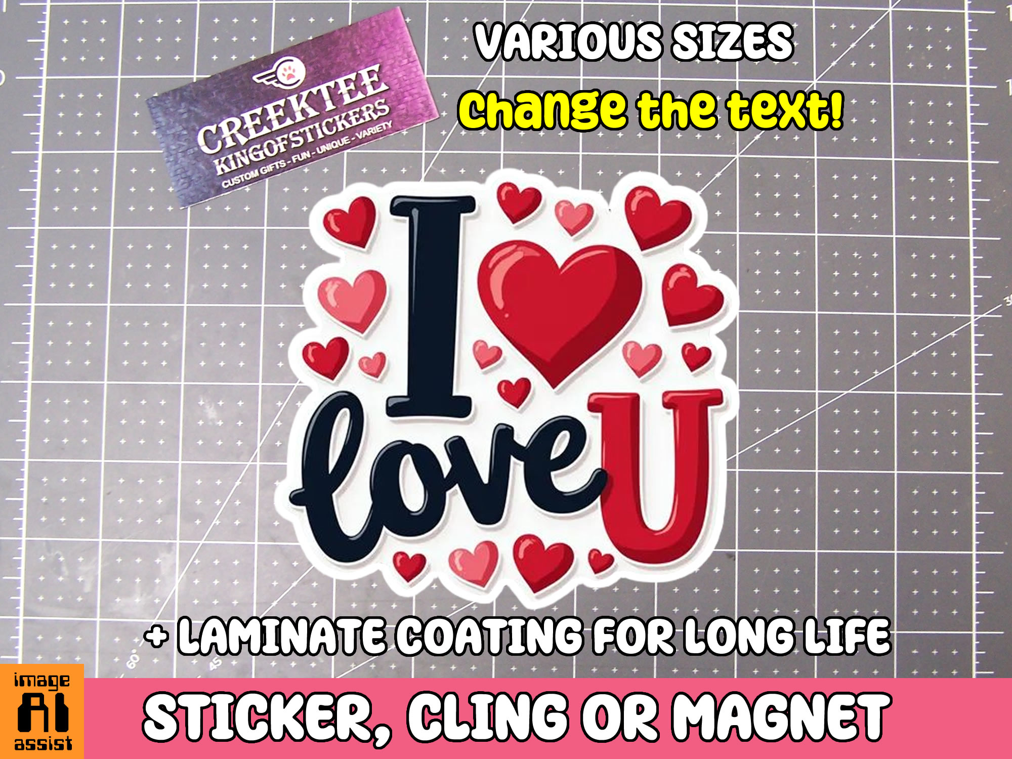 I Love You Die Cut Vinyl Sticker  Window Cling or Magnet with Laminate Coating in Various Sizes - Custom Bumper Sticker, Vinyl Sticker, or Magnet