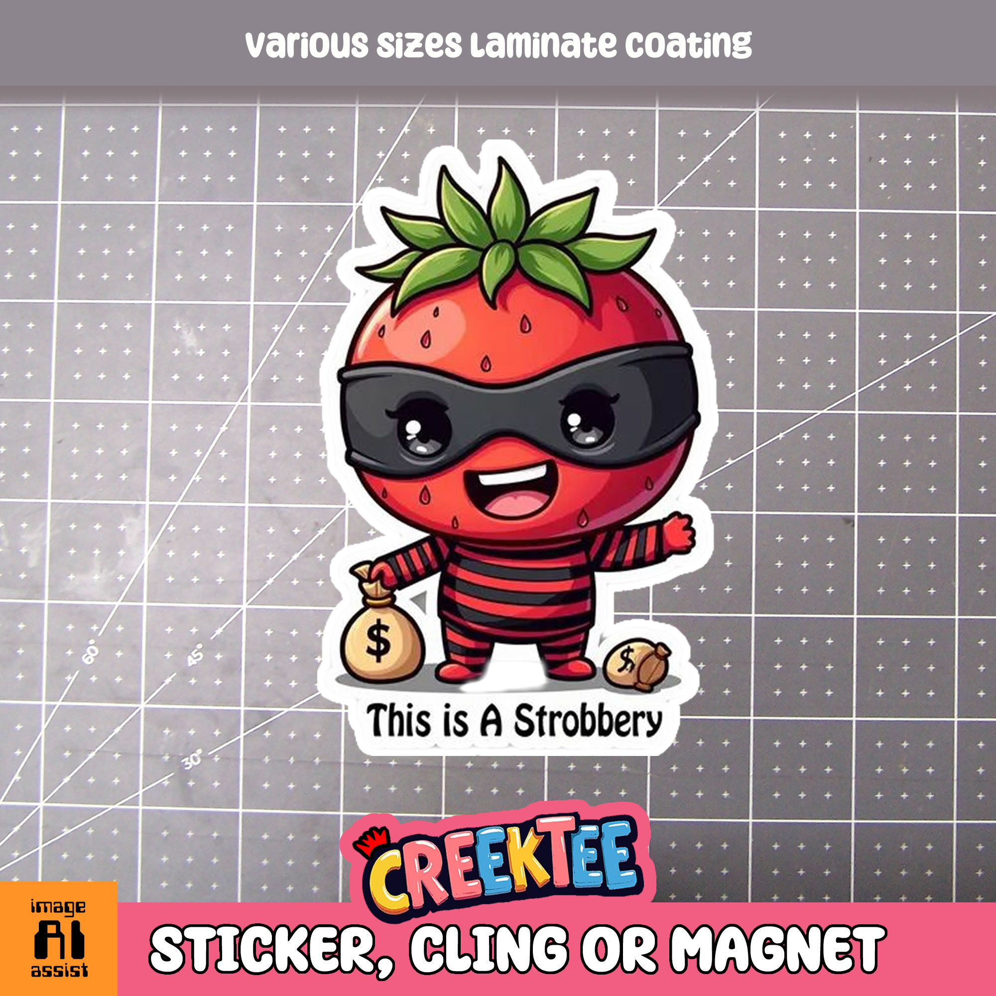 This is a Strobbery Die Cut Vinyl Sticker  Window Cling or Magnet with Laminate Coating in Various Sizes - Custom Bumper Sticker, Vinyl Sticker, or Magnet