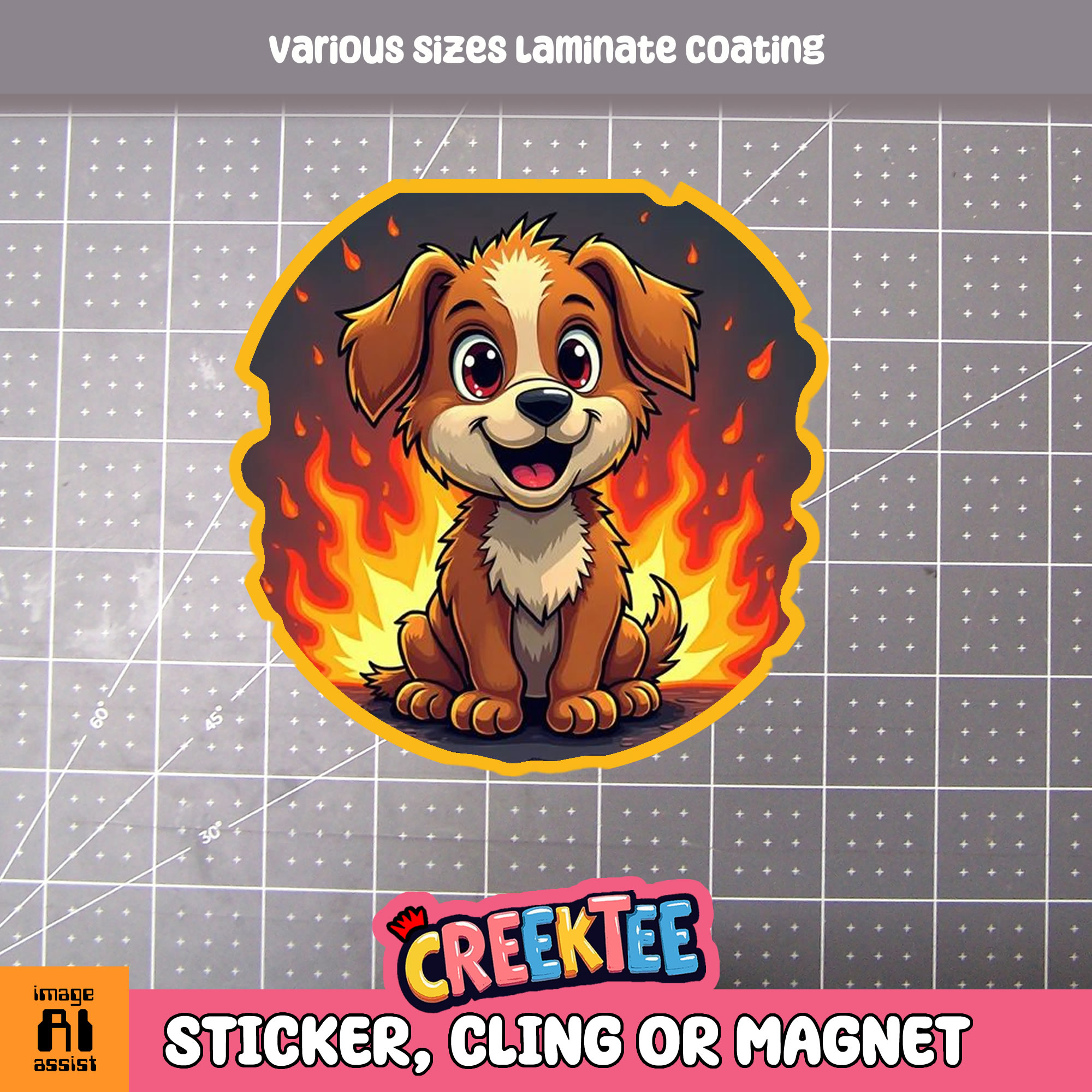 Dog with Fire Background Die Cut Vinyl Sticker  Window Cling or Magnet with Laminate Coating in Various Sizes - Custom Bumper Sticker, Vinyl Sticker, or Magnet