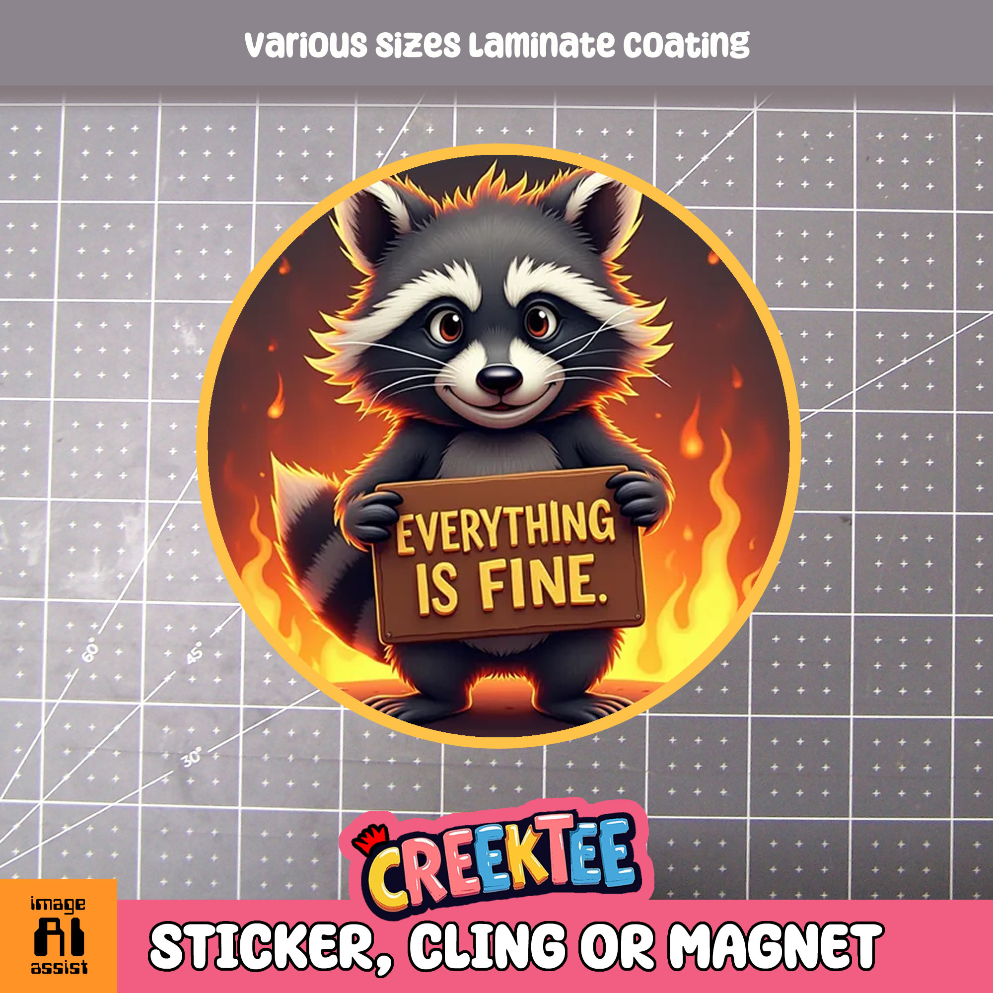 Everything is Fine  Raccoon  Die Cut Vinyl Sticker  Window Cling or Magnet with Laminate Coating in Various Sizes - Custom Bumper Sticker, Vinyl Sticker, or Magnet
