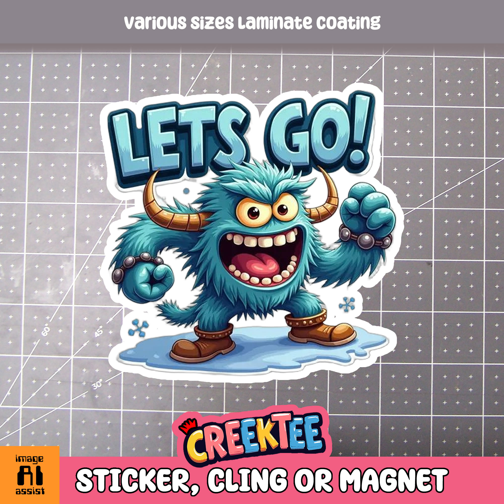 Lets Go Monster Die Cut Vinyl Sticker  Window Cling or Magnet with Laminate Coating in Various Sizes - Custom Bumper Sticker, Vinyl Sticker, or Magnet