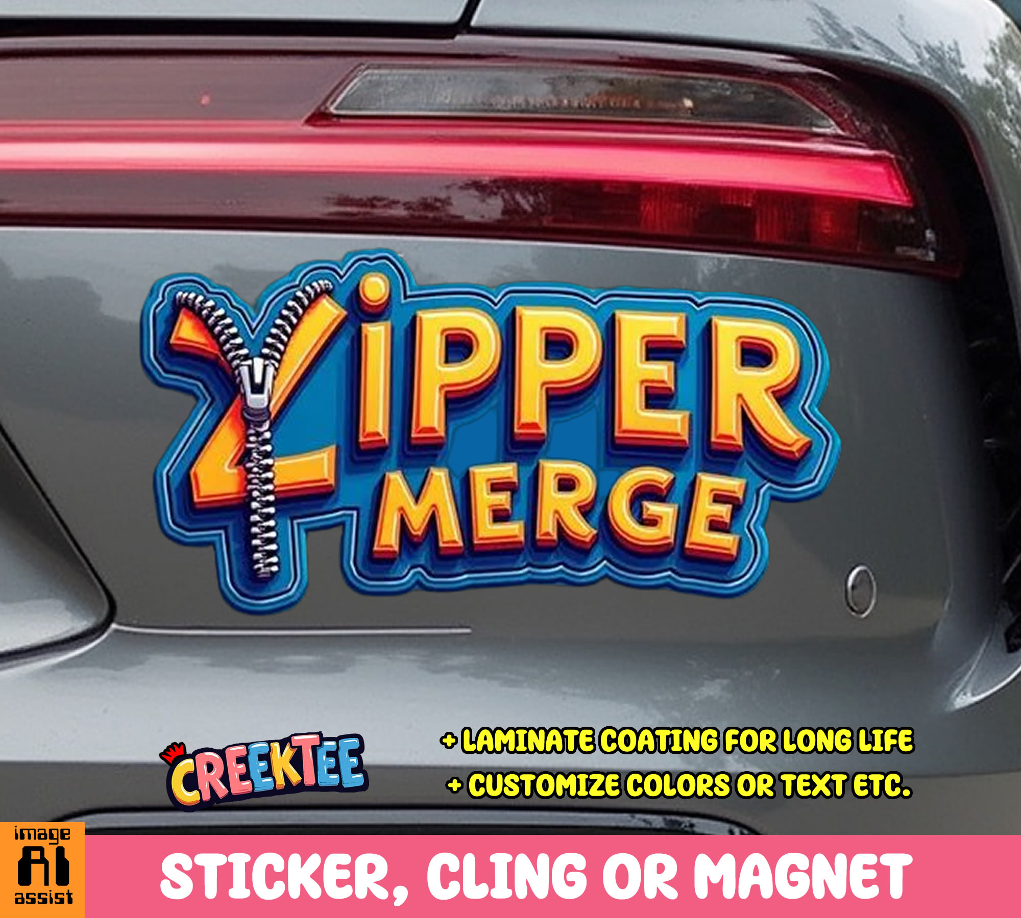 Zipper Merge Die Cut Vinyl Sticker  Window Cling or Magnet with Laminate Coating in Various Sizes - Custom Bumper Sticker, Vinyl Sticker, or Magnet