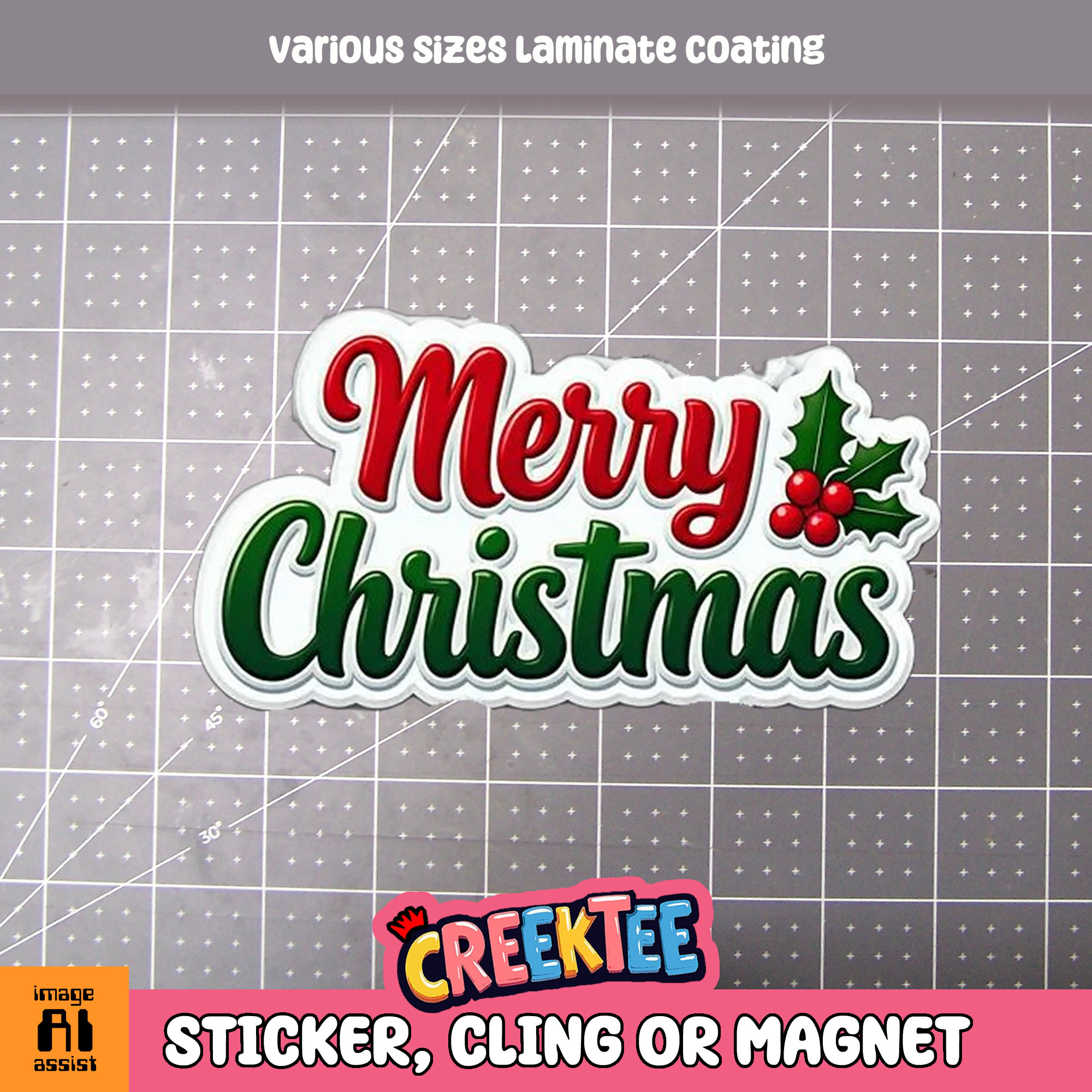Merry Christmas Die Cut Vinyl Sticker  Window Cling or Magnet with Laminate Coating in Various Sizes - Custom Bumper Sticker, Vinyl Sticker, or Magnet