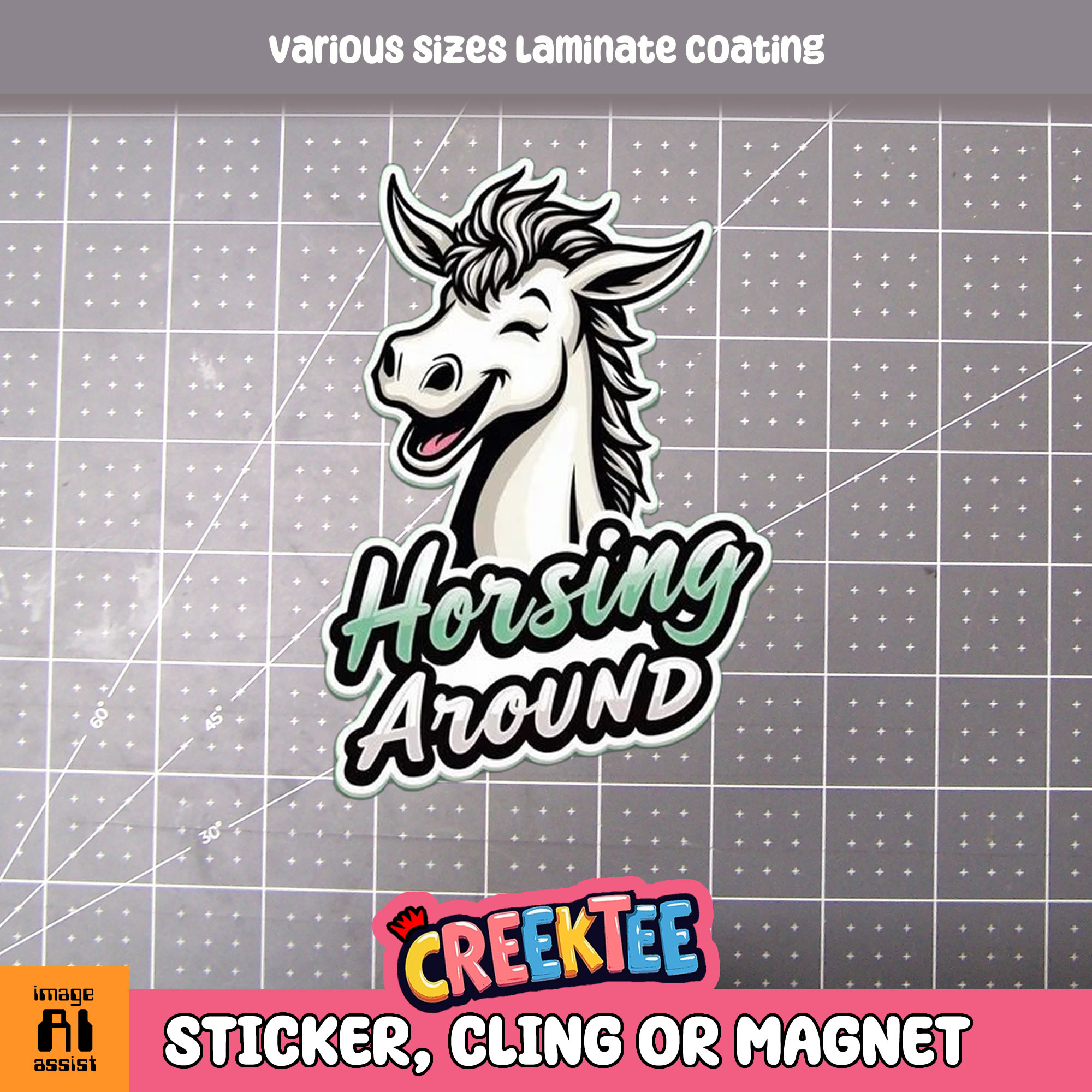 Horsing Around Die Cut Vinyl Sticker  Window Cling or Magnet with Laminate Coating in Various Sizes - Custom Bumper Sticker, Vinyl Sticker, or Magnet