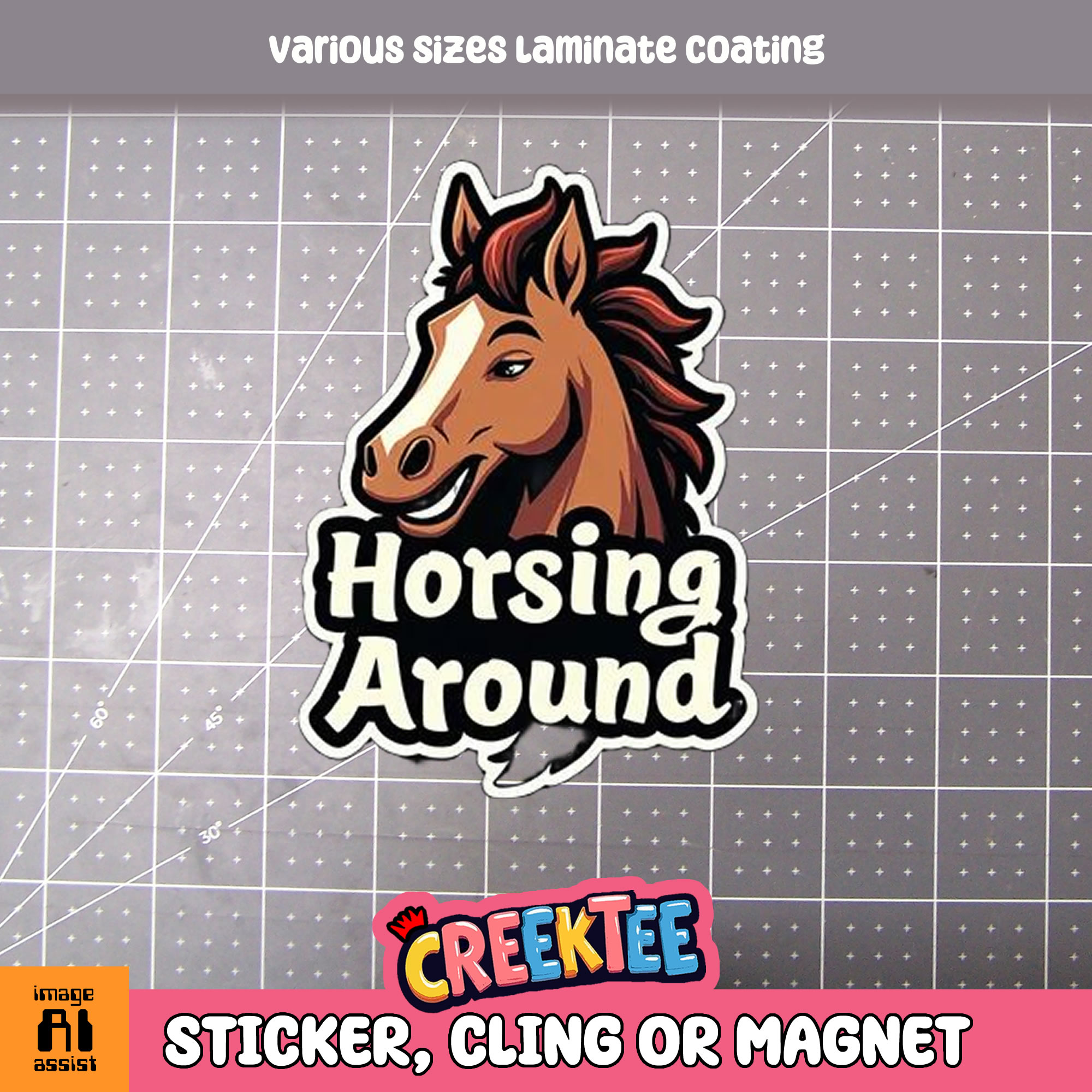 Horsing Around Die Cut Vinyl Sticker  Window Cling or Magnet with Laminate Coating in Various Sizes - Custom Bumper Sticker, Vinyl Sticker, or Magnet
