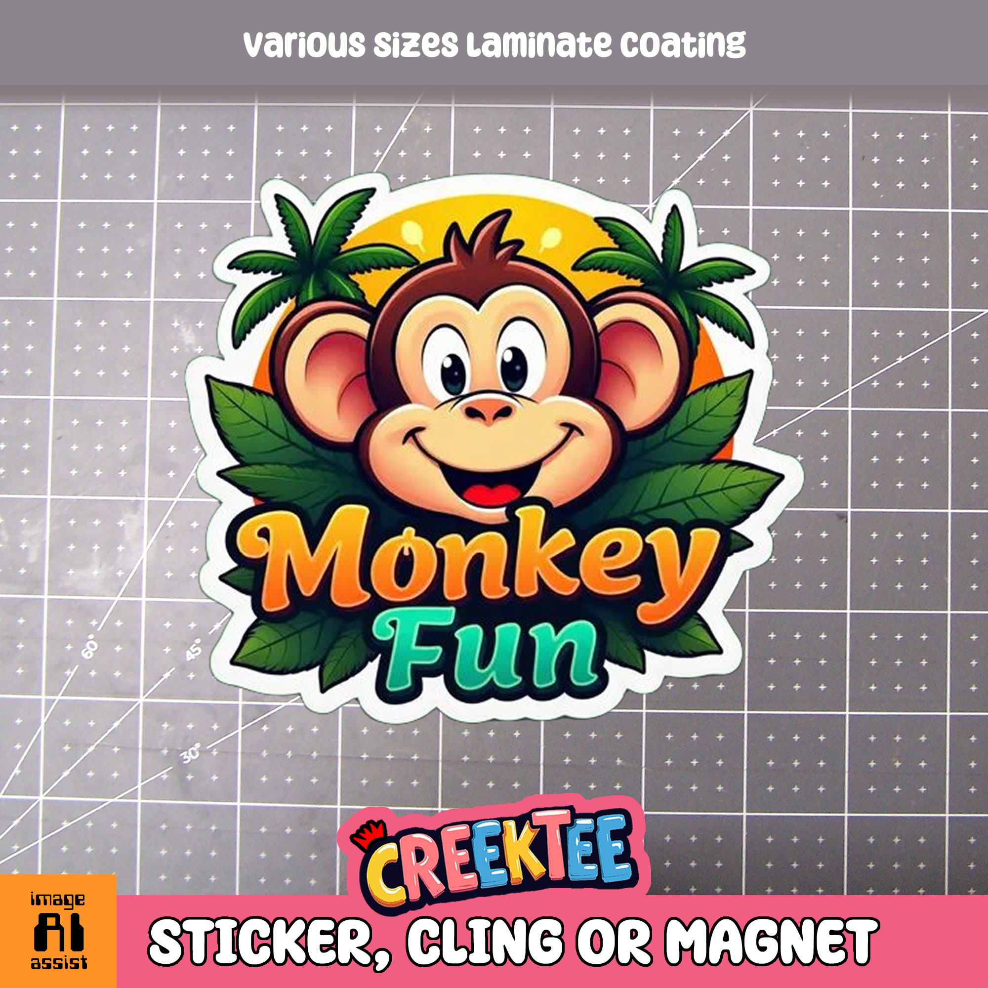 Monkey Fun Die Cut Vinyl Sticker  Window Cling or Magnet with Laminate Coating in Various Sizes - Custom Bumper Sticker, Vinyl Sticker, or Magnet