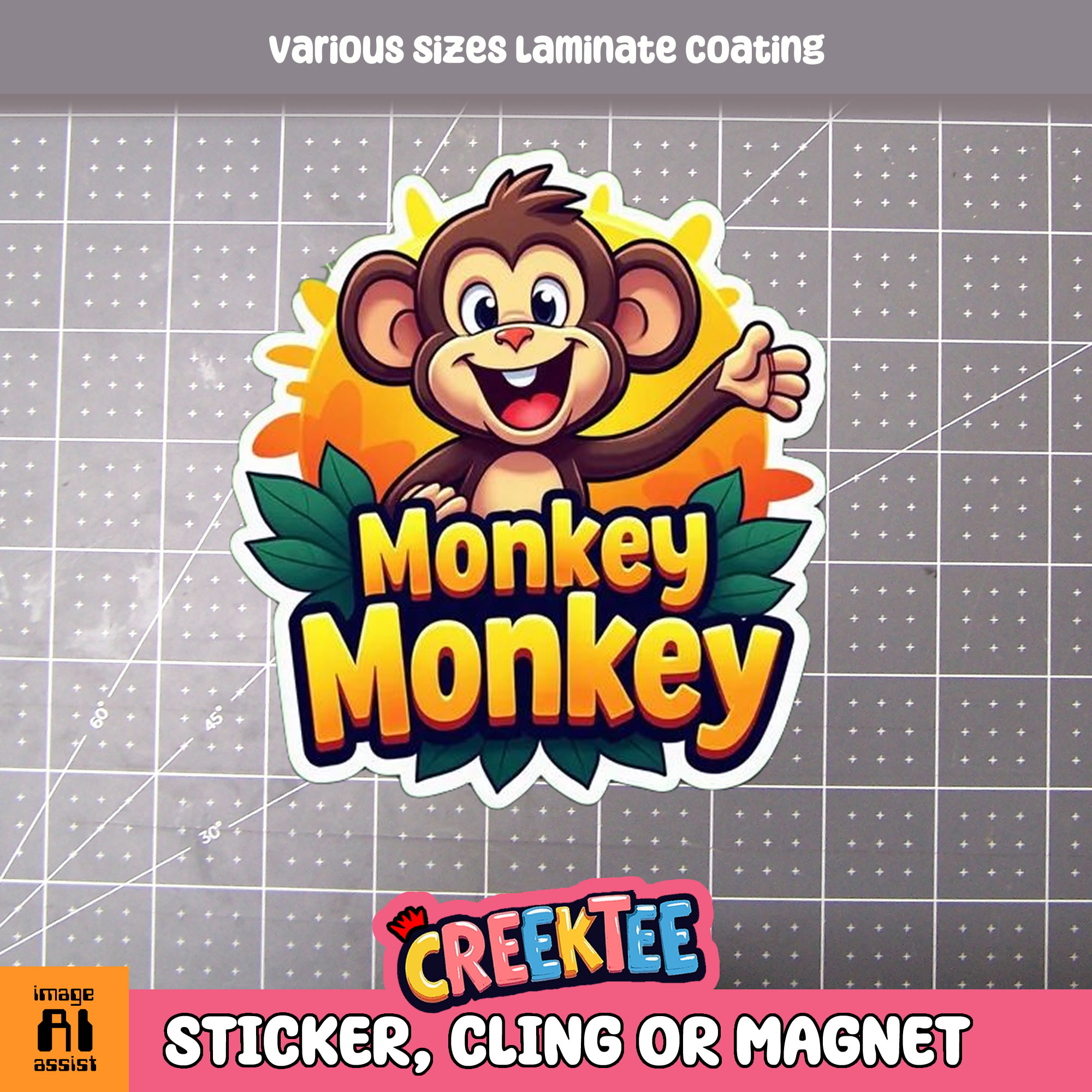 Monkey Monkey Die Cut Vinyl Sticker  Window Cling or Magnet with Laminate Coating in Various Sizes - Custom Bumper Sticker, Vinyl Sticker, or Magnet
