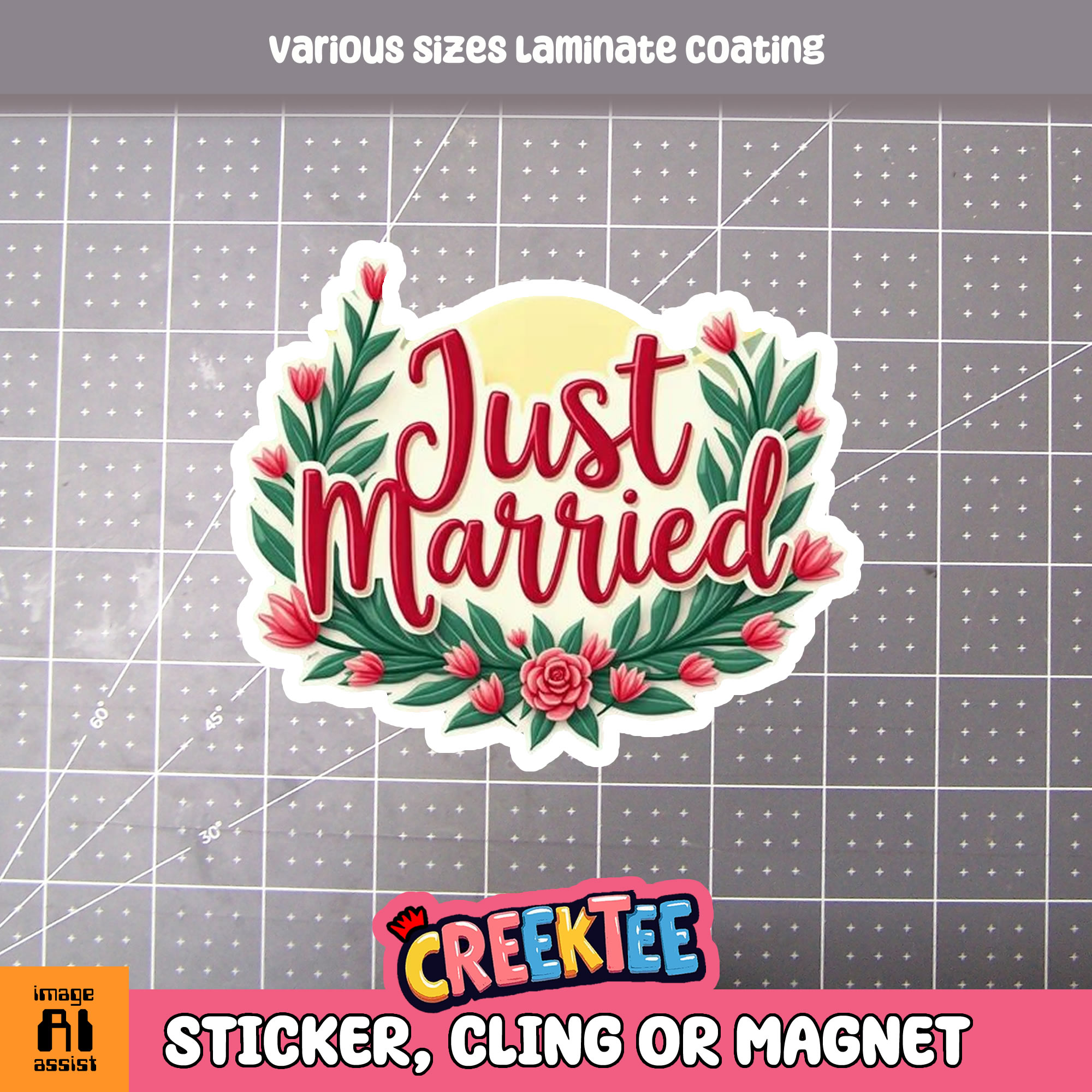 Just Married Die Cut Vinyl Sticker  Window Cling or Magnet with Laminate Coating in Various Sizes - Custom Bumper Sticker, Vinyl Sticker, or Magnet