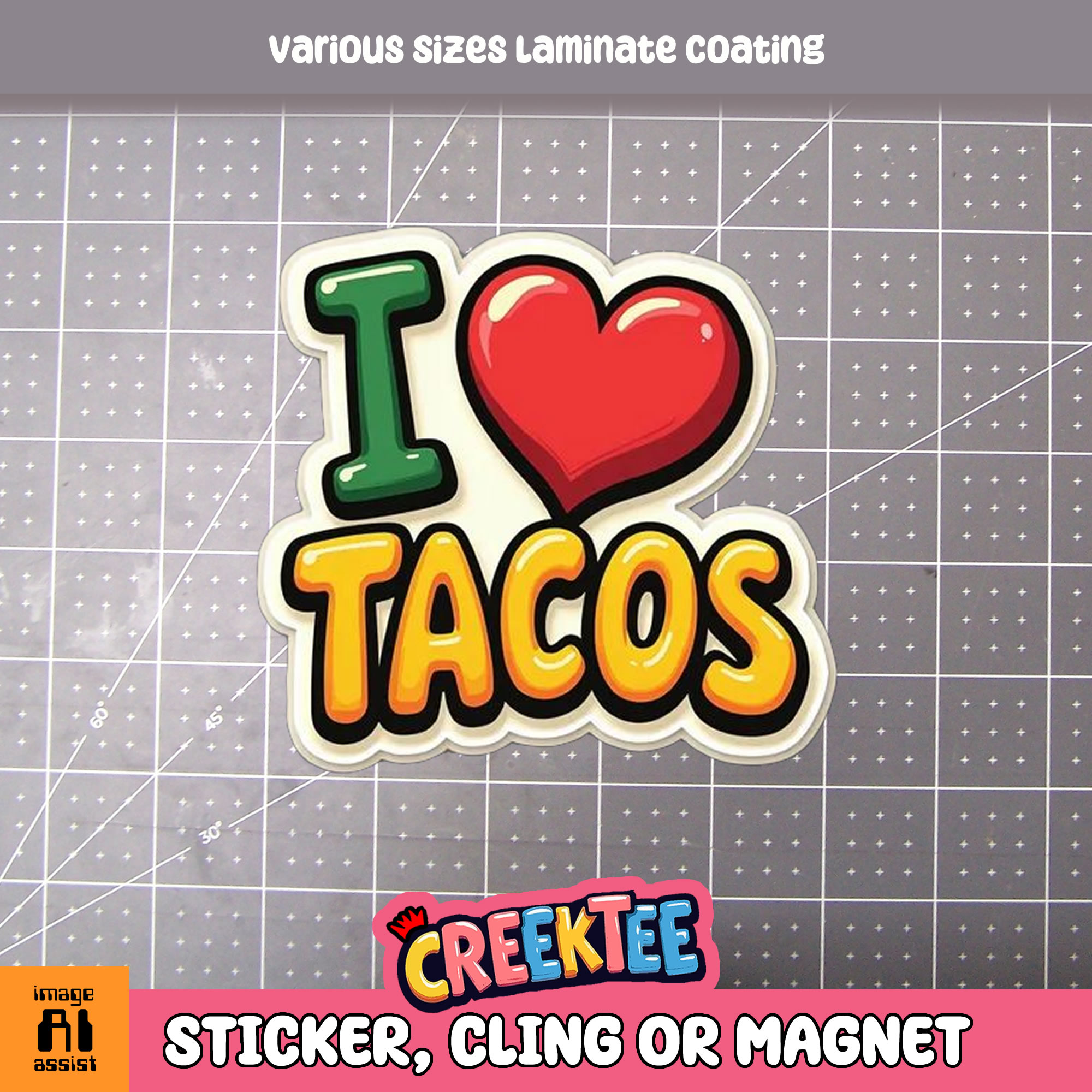 I Love Tacos Die Cut Vinyl Sticker  Window Cling or Magnet with Laminate Coating in Various Sizes - Custom Bumper Sticker, Vinyl Sticker, or Magnet