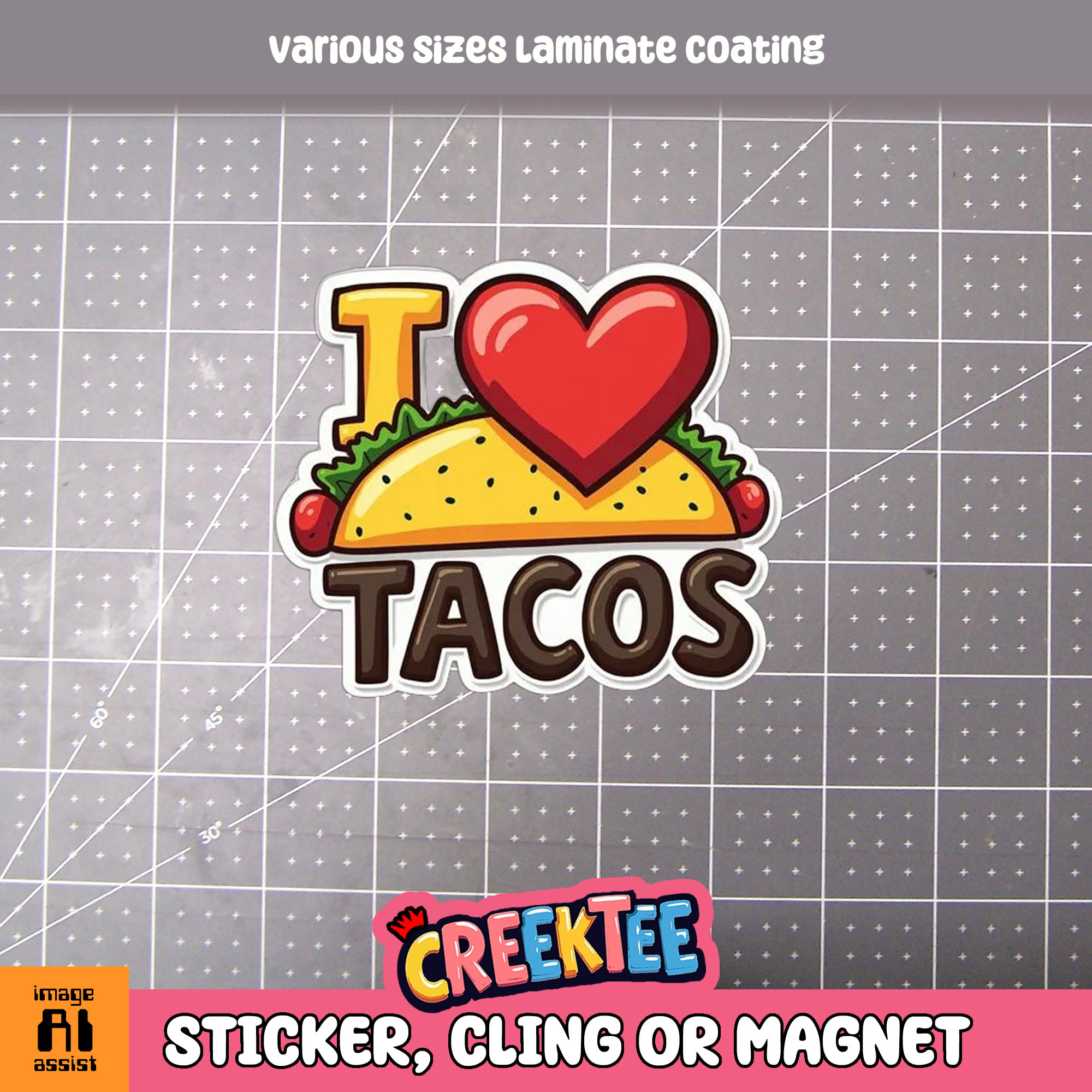 I Love Tacos Die Cut Vinyl Sticker  Window Cling or Magnet with Laminate Coating in Various Sizes - Custom Bumper Sticker, Vinyl Sticker, or Magnet
