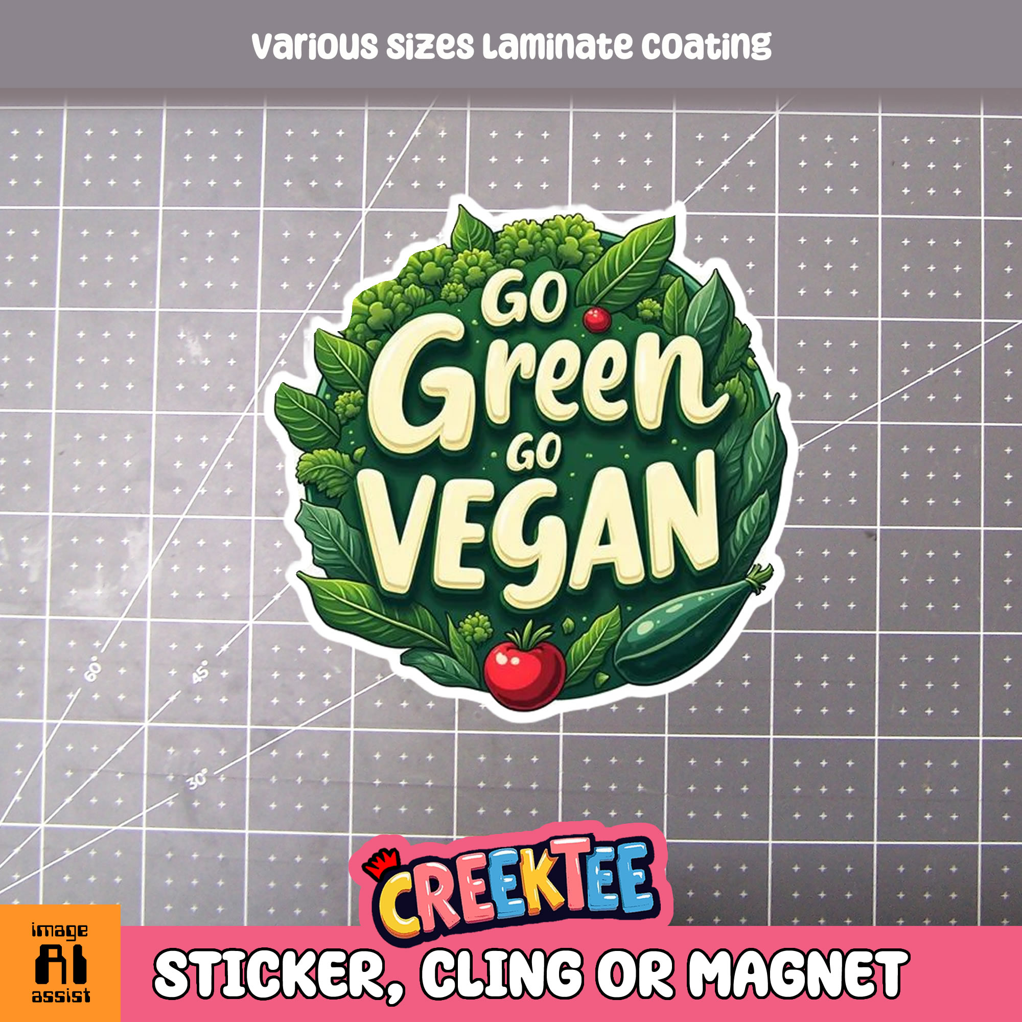 Go Green Go Vegan Die Cut Vinyl Sticker  Window Cling or Magnet with Laminate Coating in Various Sizes - Custom Bumper Sticker, Vinyl Sticker, or Magnet