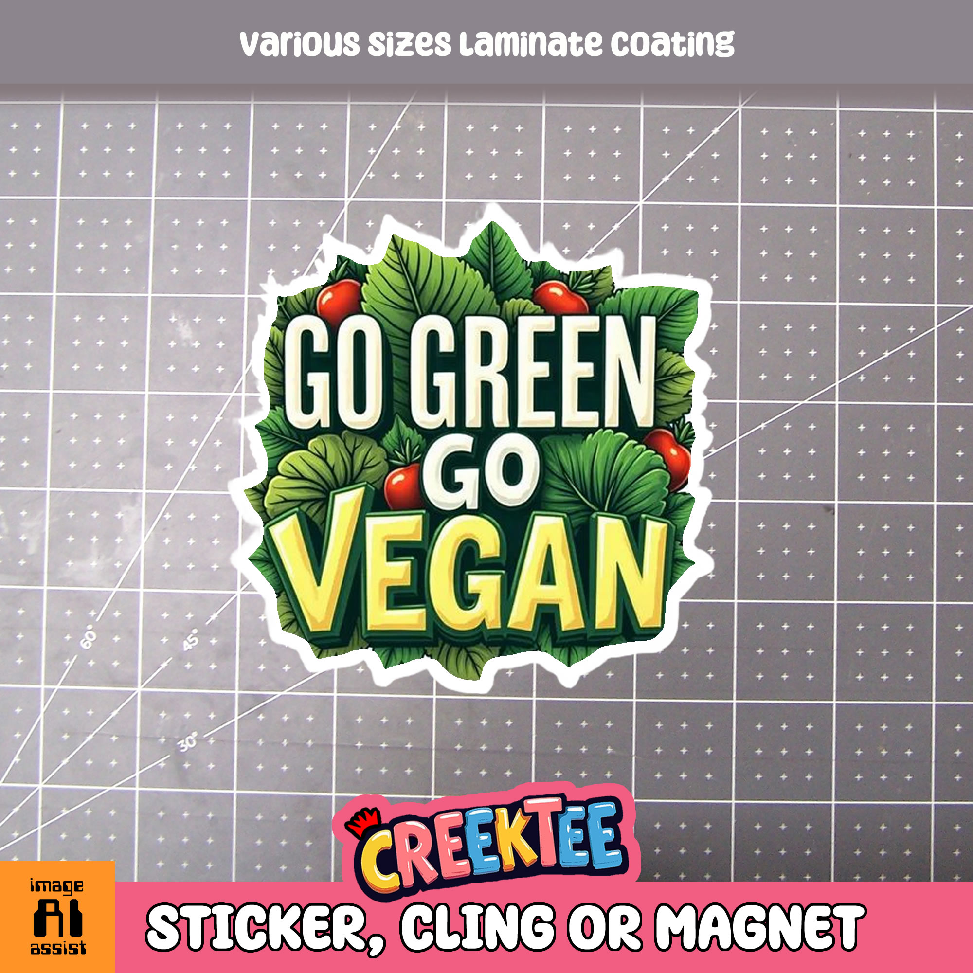 Go Green Go Vegan Die Cut Vinyl Sticker  Window Cling or Magnet with Laminate Coating in Various Sizes - Custom Bumper Sticker, Vinyl Sticker, or Magnet