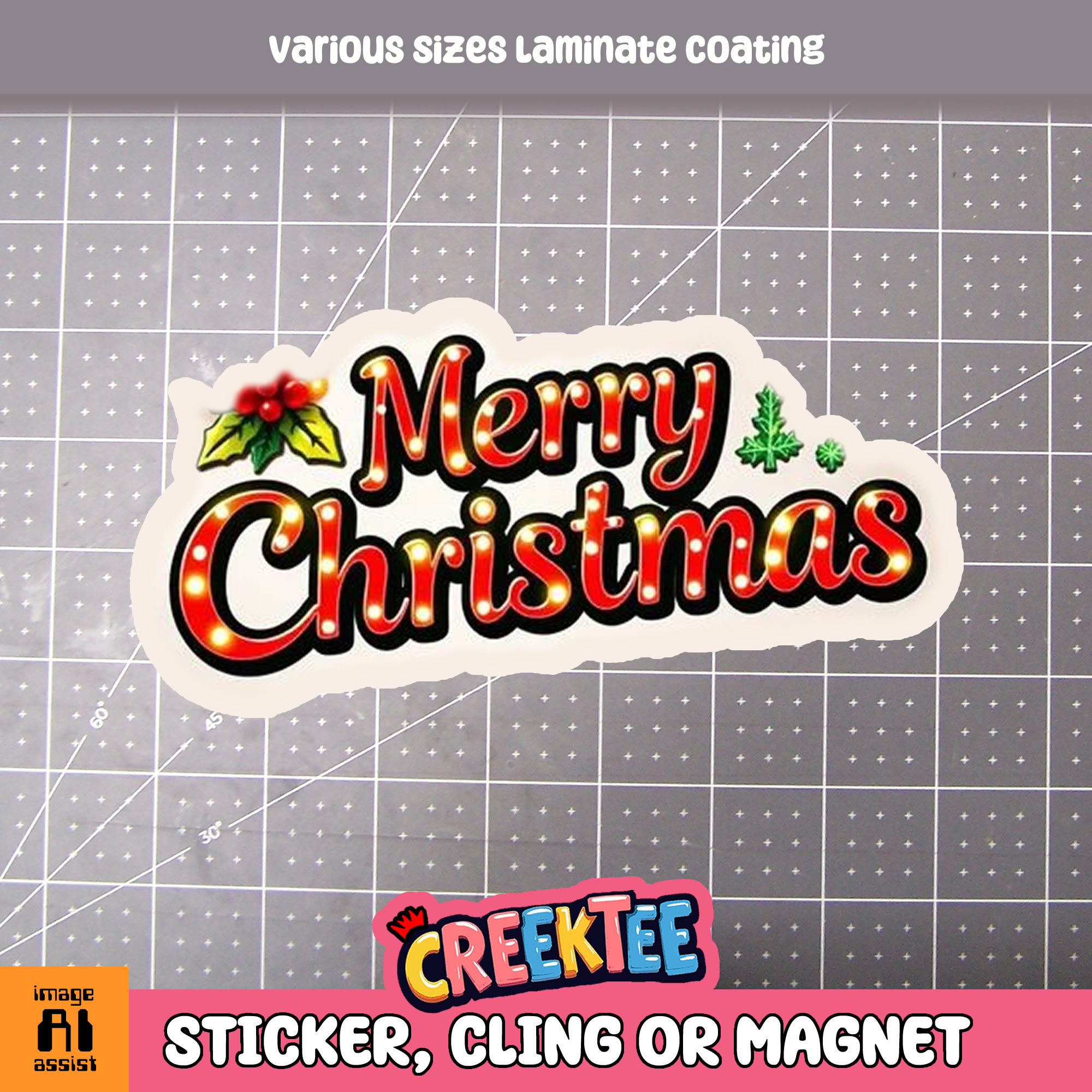 Merry Christmas Die Cut Vinyl Sticker  Window Cling or Magnet with Laminate Coating in Various Sizes - Custom Bumper Sticker, Vinyl Sticker, or Magnet