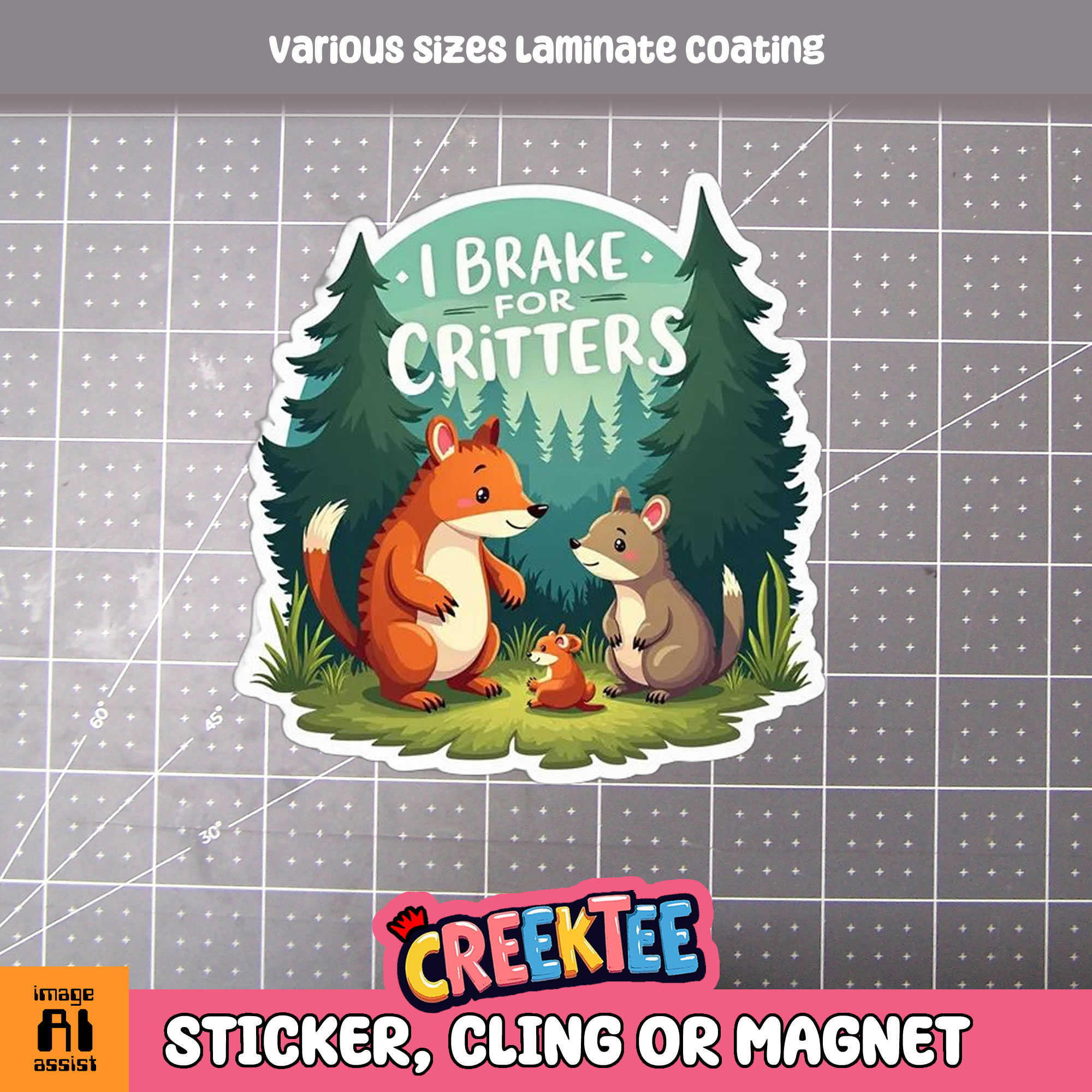 I Brake for Critters Die Cut Vinyl Sticker  Window Cling or Magnet with Laminate Coating in Various Sizes - Custom Bumper Sticker, Vinyl Sticker, or Magnet