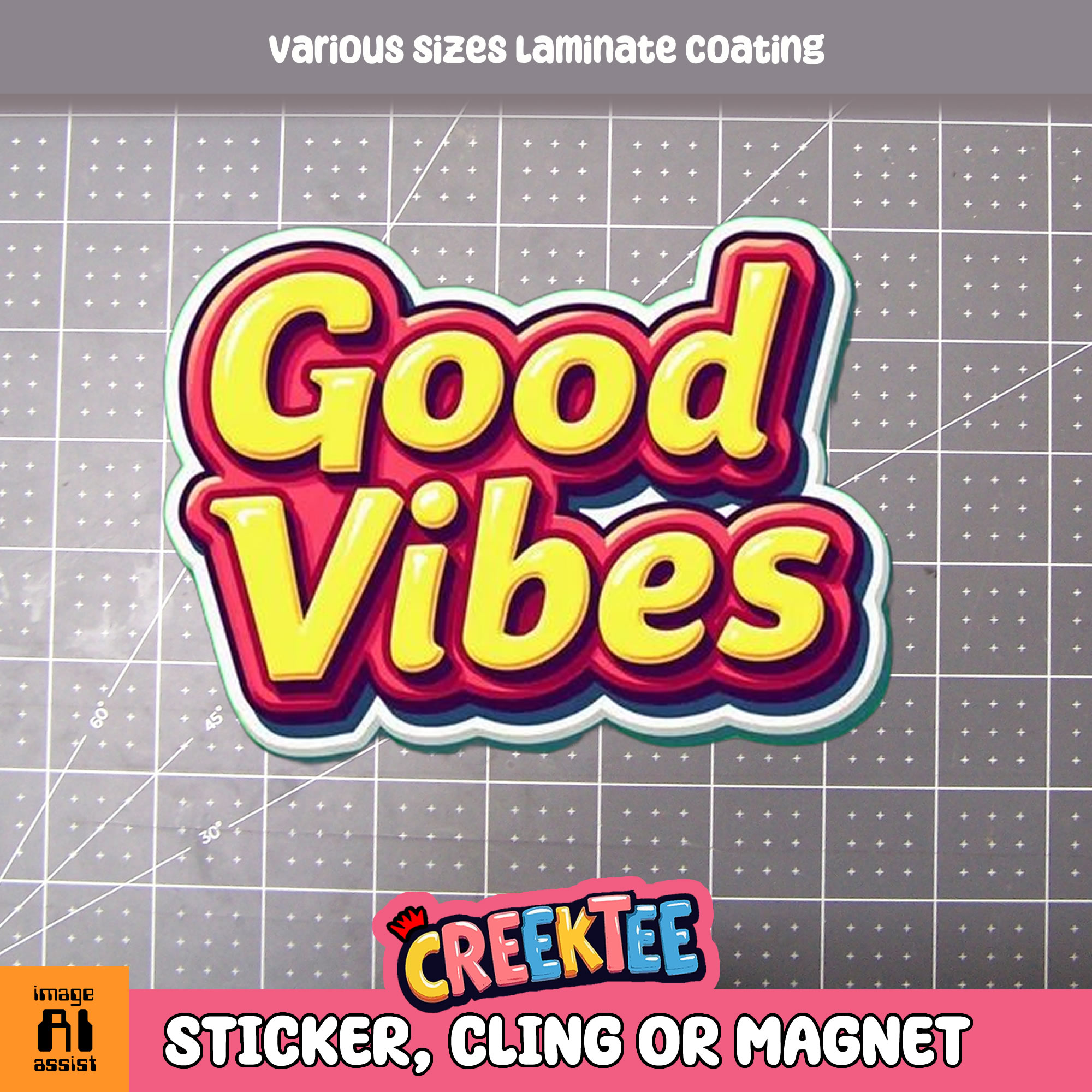 Good Vibes Die Cut Vinyl Sticker  Window Cling or Magnet with Laminate Coating in Various Sizes - Custom Bumper Sticker, Vinyl Sticker, or Magnet